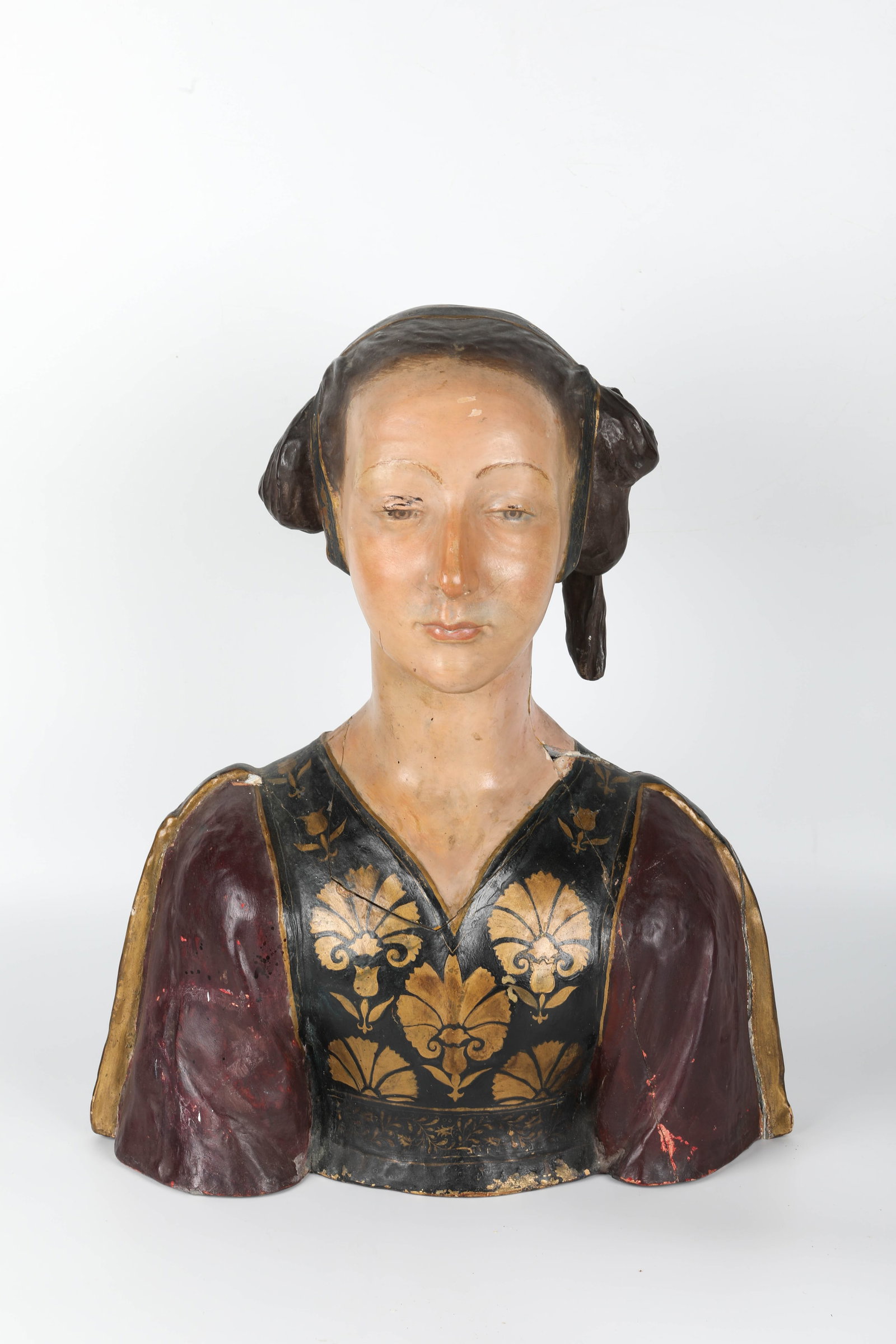 LA BELLE FLORENTINE: Painted pottery bust; very damaged; glued; H-29", P