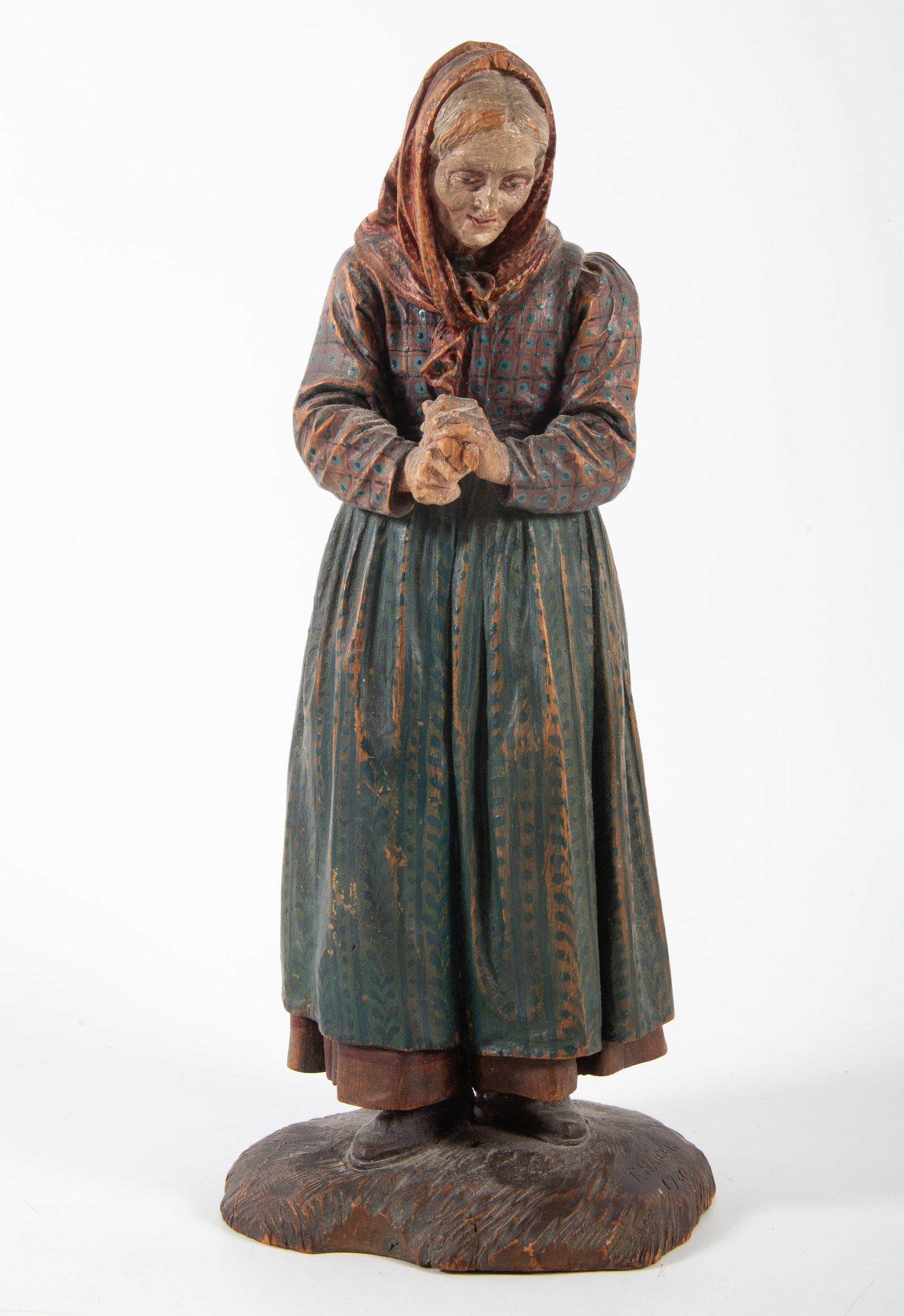 CONTINENTAL POLYCHROME WOOD CARVING F. HAIDER: Signed F. Haider, 1920; missing cane or staff, H-12 1/2"; VG-EX