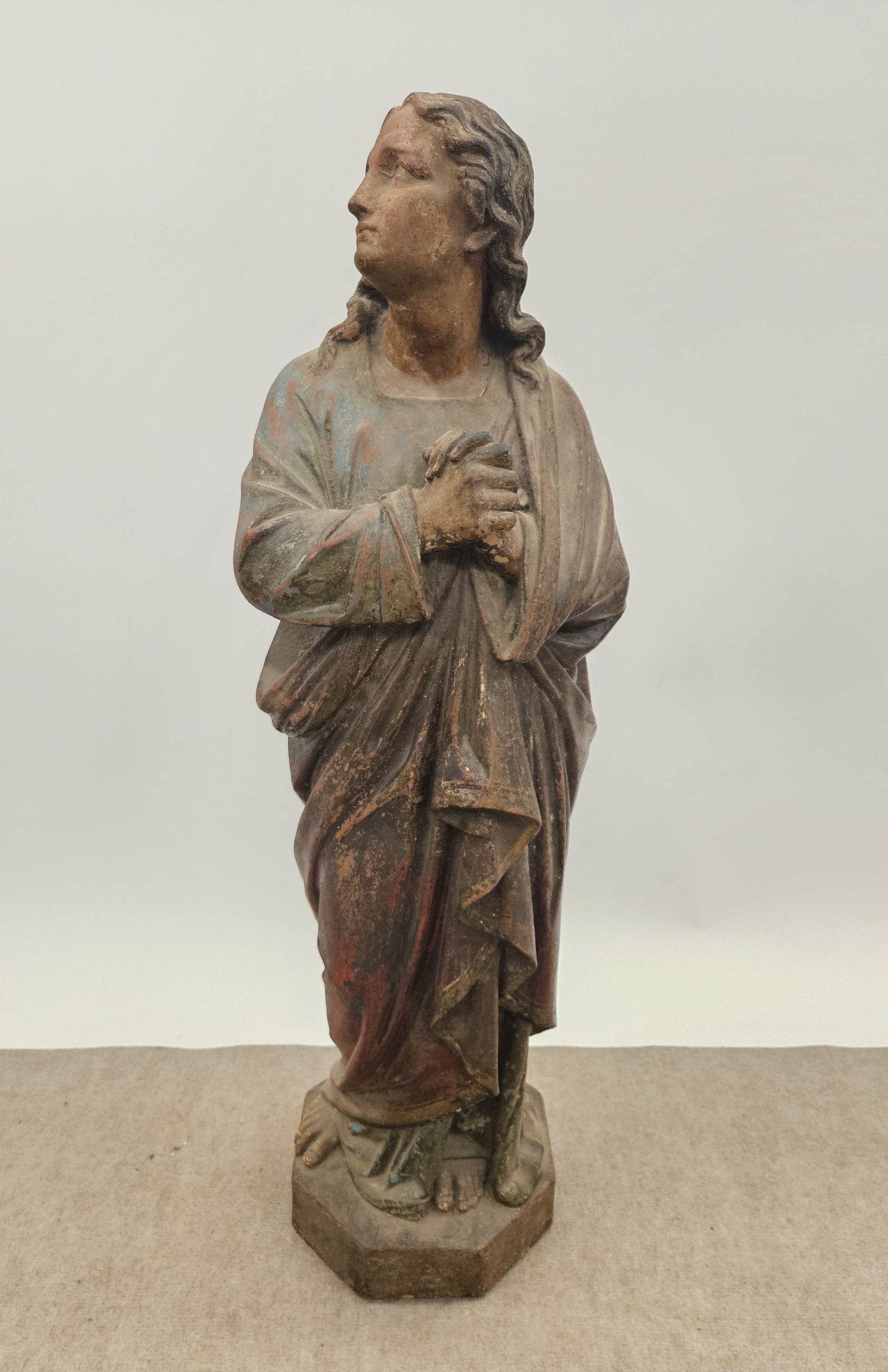 ANTIQUE TERRACOTTA FIGURE OF SAINT: H-37", VG