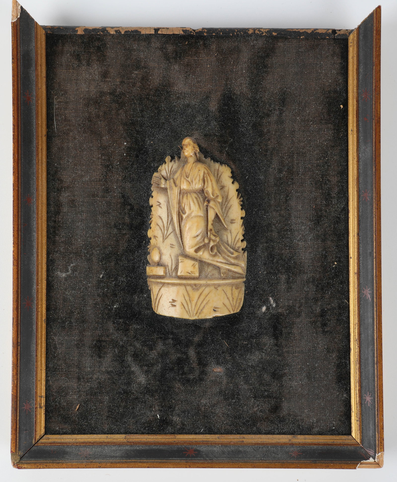 EARLY BONE CARVED ICON: 18th Century or older; no visible condition issues, some parts of frame missing, object: 2 3/4"; frame: 5" x 6 1/2"; VG