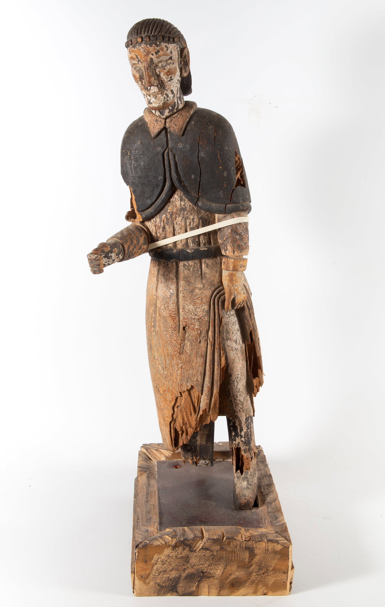 EARLY WOOD CARVING OF SAINT: Old carving on newer base; losses; insect damage, H-32", base L-13", F