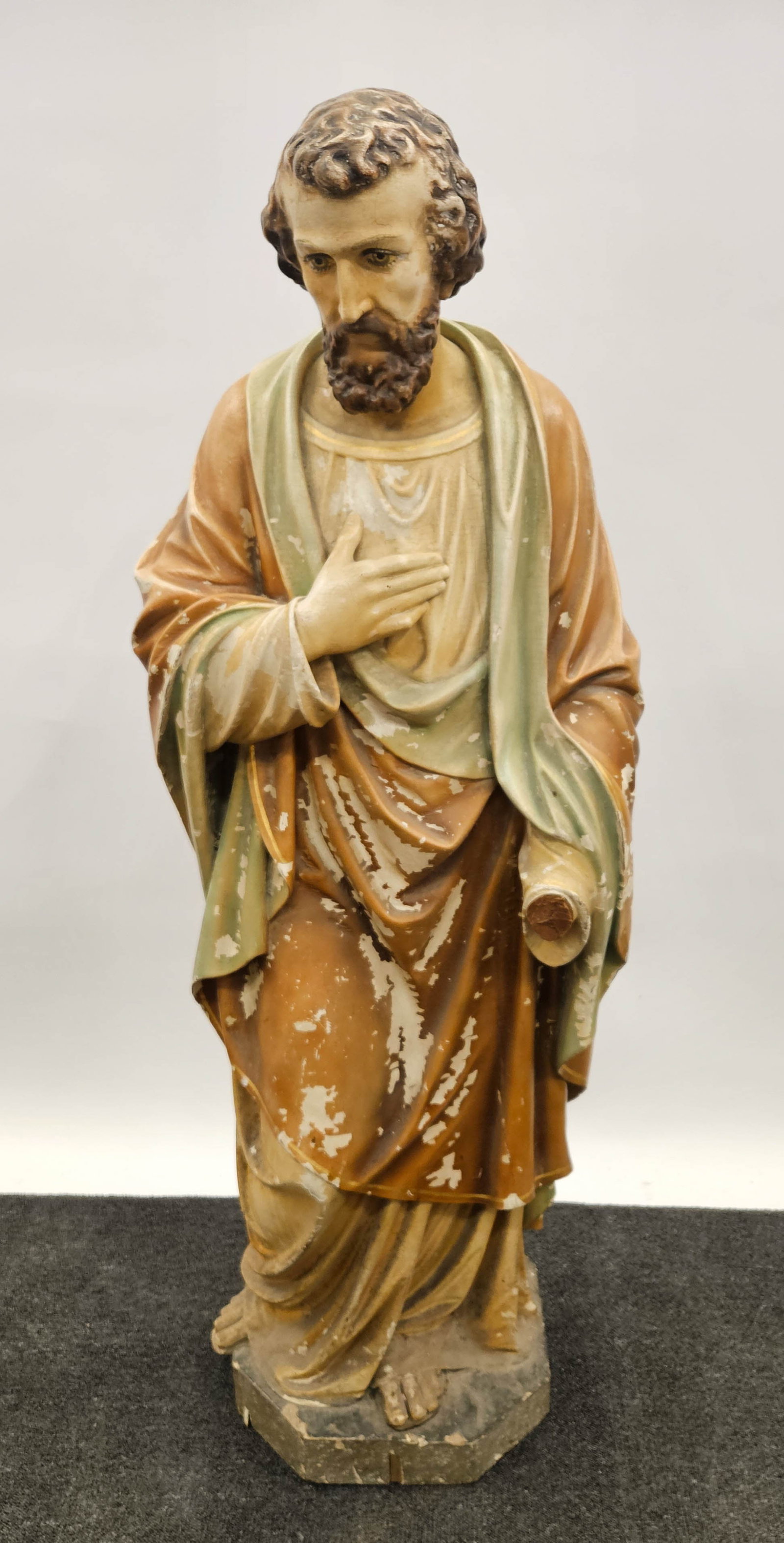 58" CARVED POLYCHROME MAHOGANY FIGURE OF ST. JOSEPH: Miscellaneous paint losses, hand broken off; H-58", L-19", 9" deep, F-G