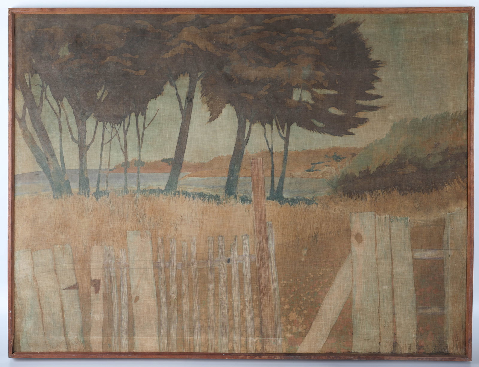 MENDOCINO CALIFORNIA SCENIC BATIK: By professor at Mendocino State College; image: 29 1/2" x 40", frame: 30 1/2" x 41", VG