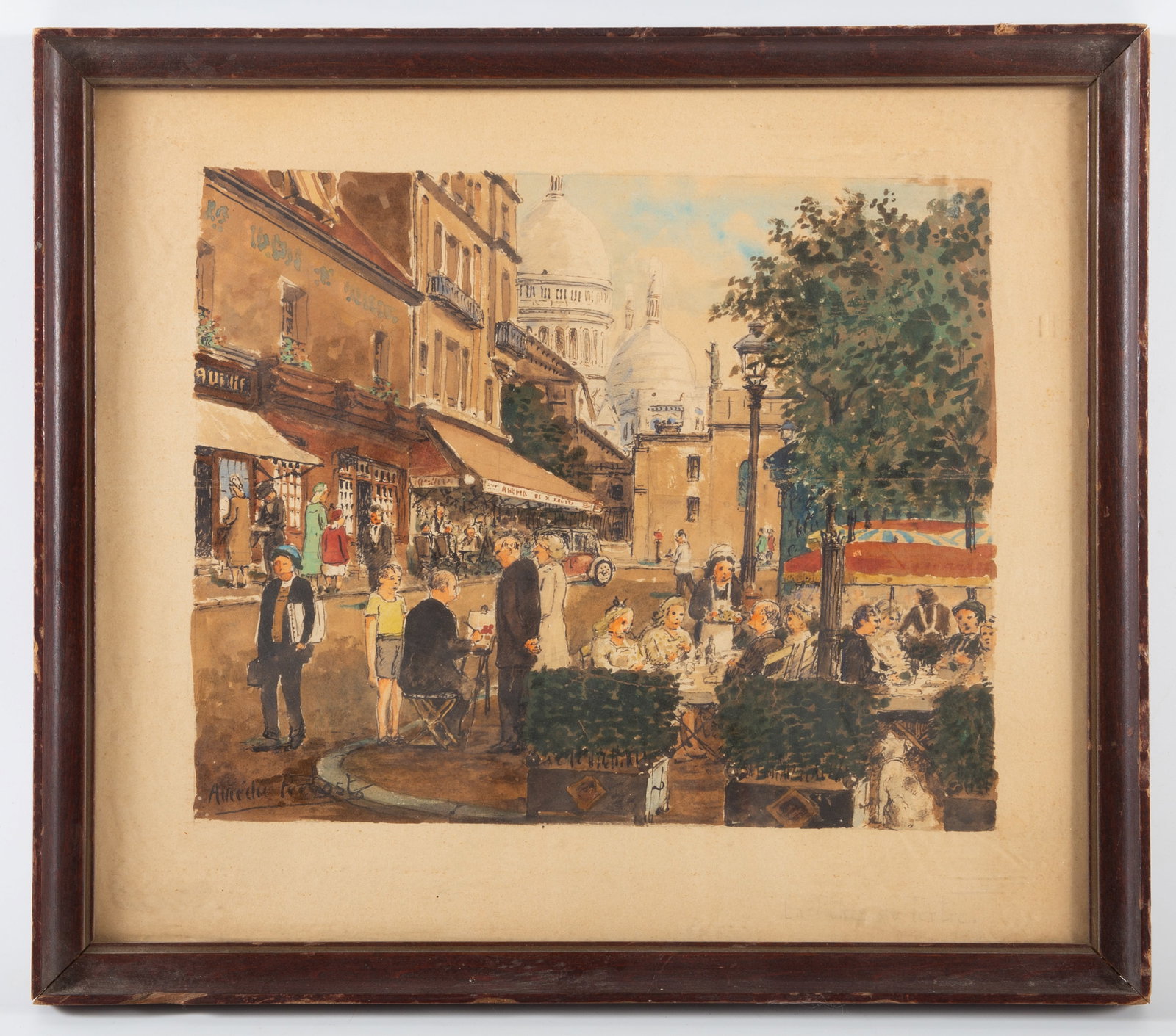 PAINTING OF FRENCH STREET SCENE: Watercolor, signed Amedu Prevost (?); normal wear; image: 8 1/2" x 10 1/2"; frame: 13" x 15", EX