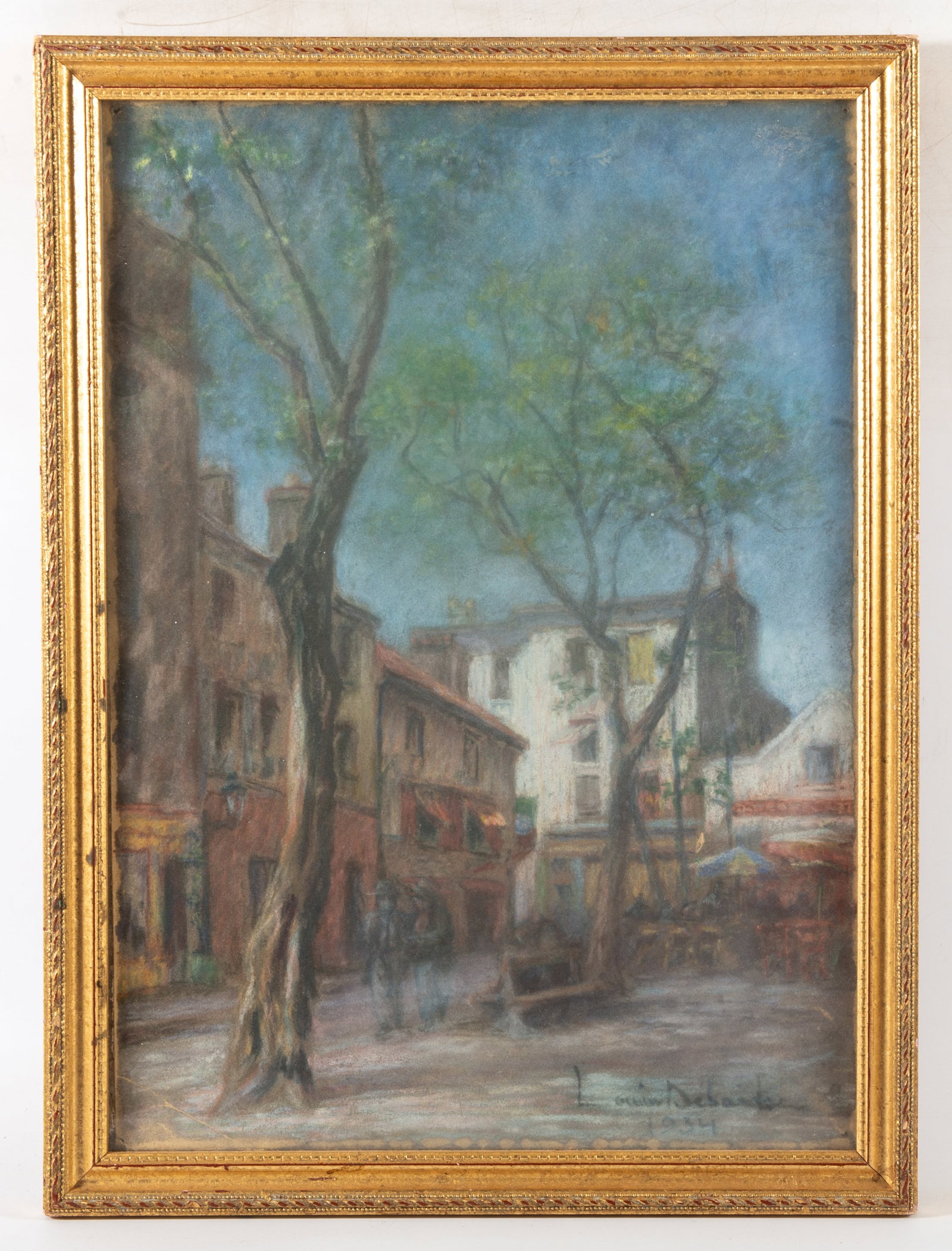 PASTEL - LOUISE DELASSE: French street scene, 1934; left bottom corner has crease; frame has normal wear; image: 18" x 12 1/2"; frame: 20" x 15", VG-EX