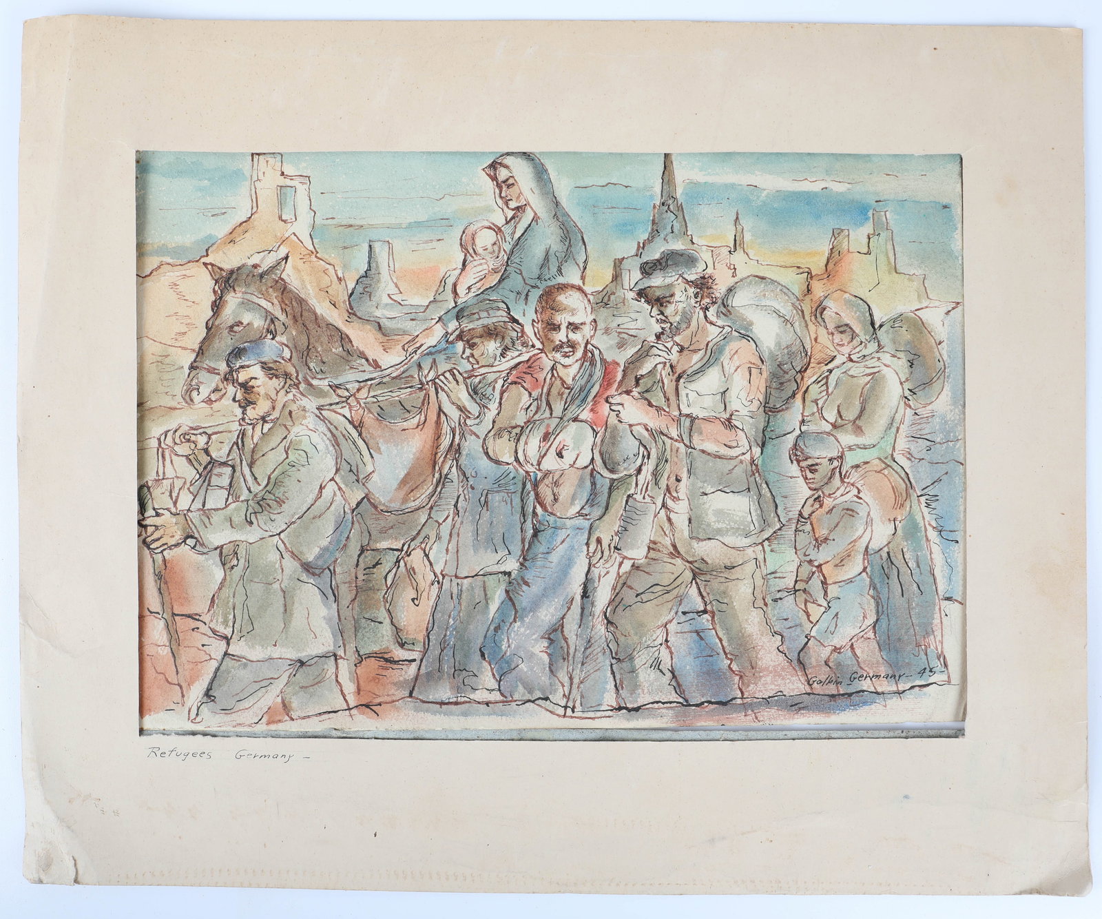 1945 GERMANY REFUGEES WATERCOLOR: Signed lower right Golbin; matte size: 10" x 12", G-VG