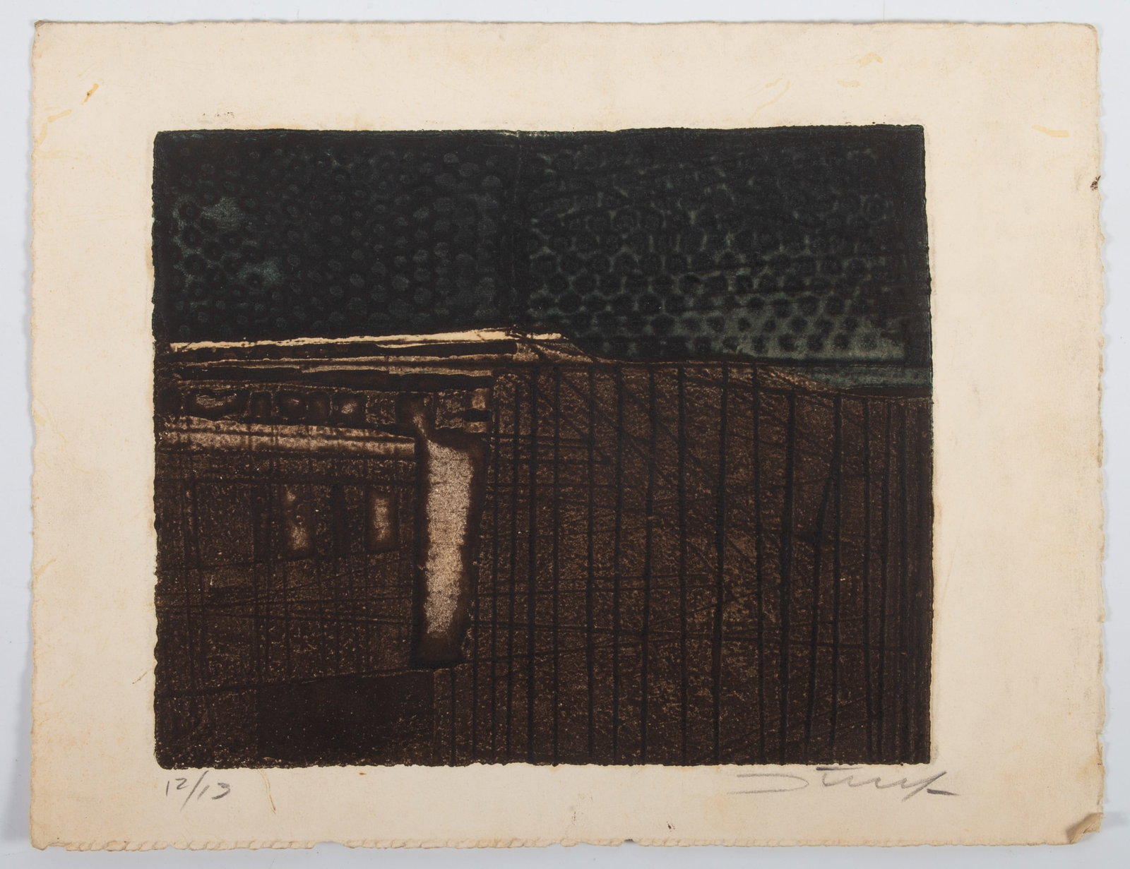 1960 SIGNED ETCHING: California gallery; miscellaneous border soiling and stains, 10" x 13", G