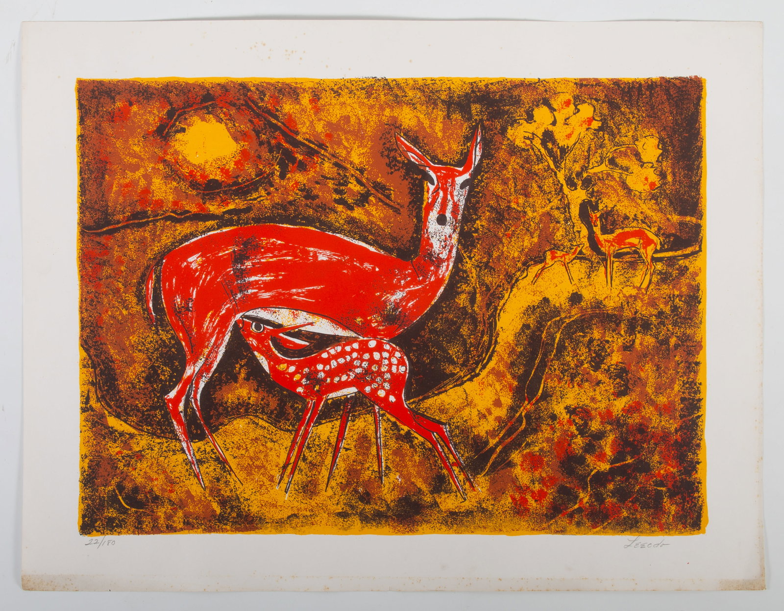 DEER LITHOGRAPH - LEEODO: Signed lower right; 22/180; border discoloration; 18" x 26", F-G