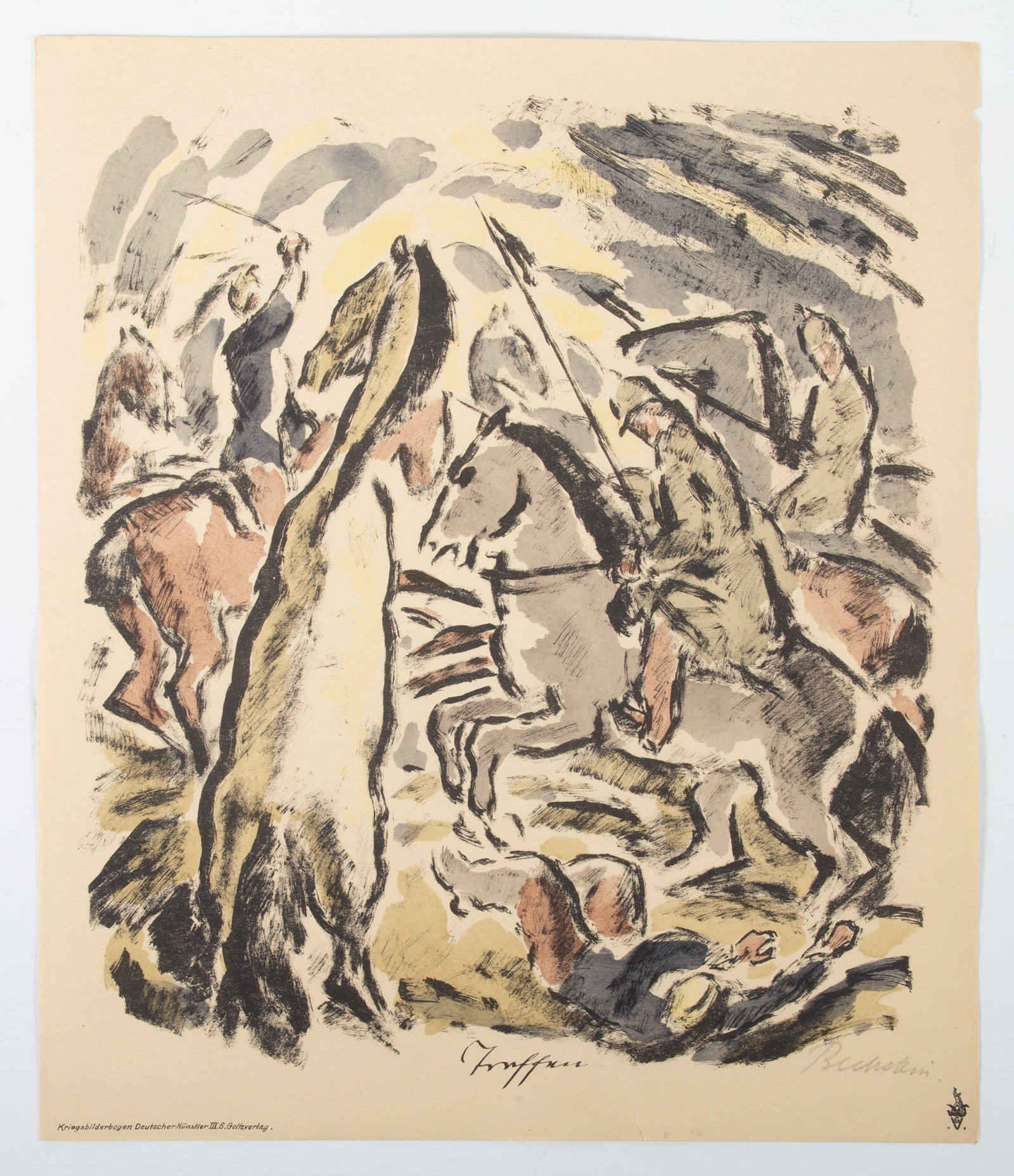 RENE BEEH SIGNED LITHOGRAPH: Signed lithograph; cavalry battle scene; small edge tear; minor creases; 14" x 15 1/2", VG