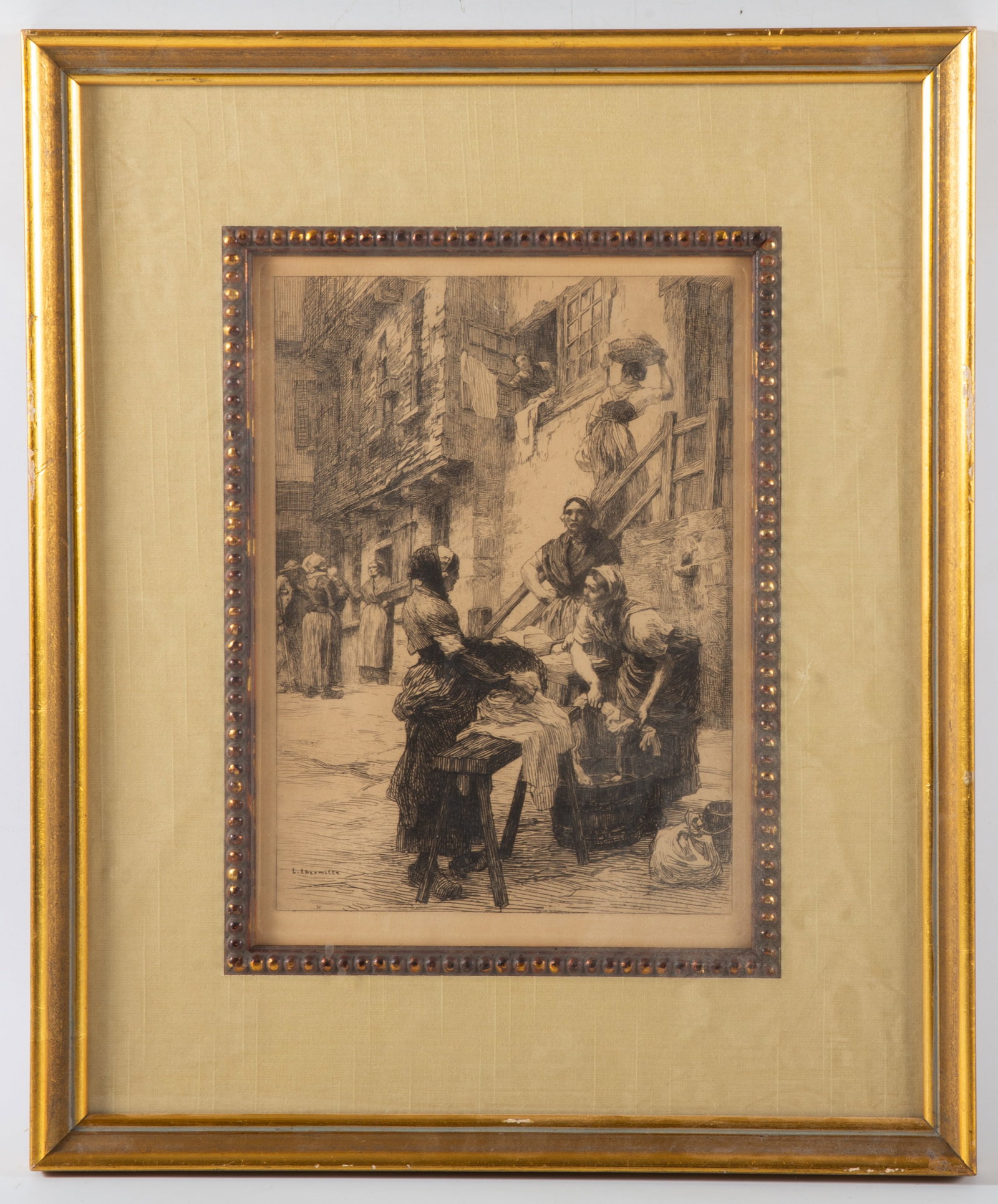 WASHERWOMEN OF SAINT MALO ETCHING: Frame has normal wear; image: 10" x 7 1/2"; frame: 16" x 13 1/2", EX