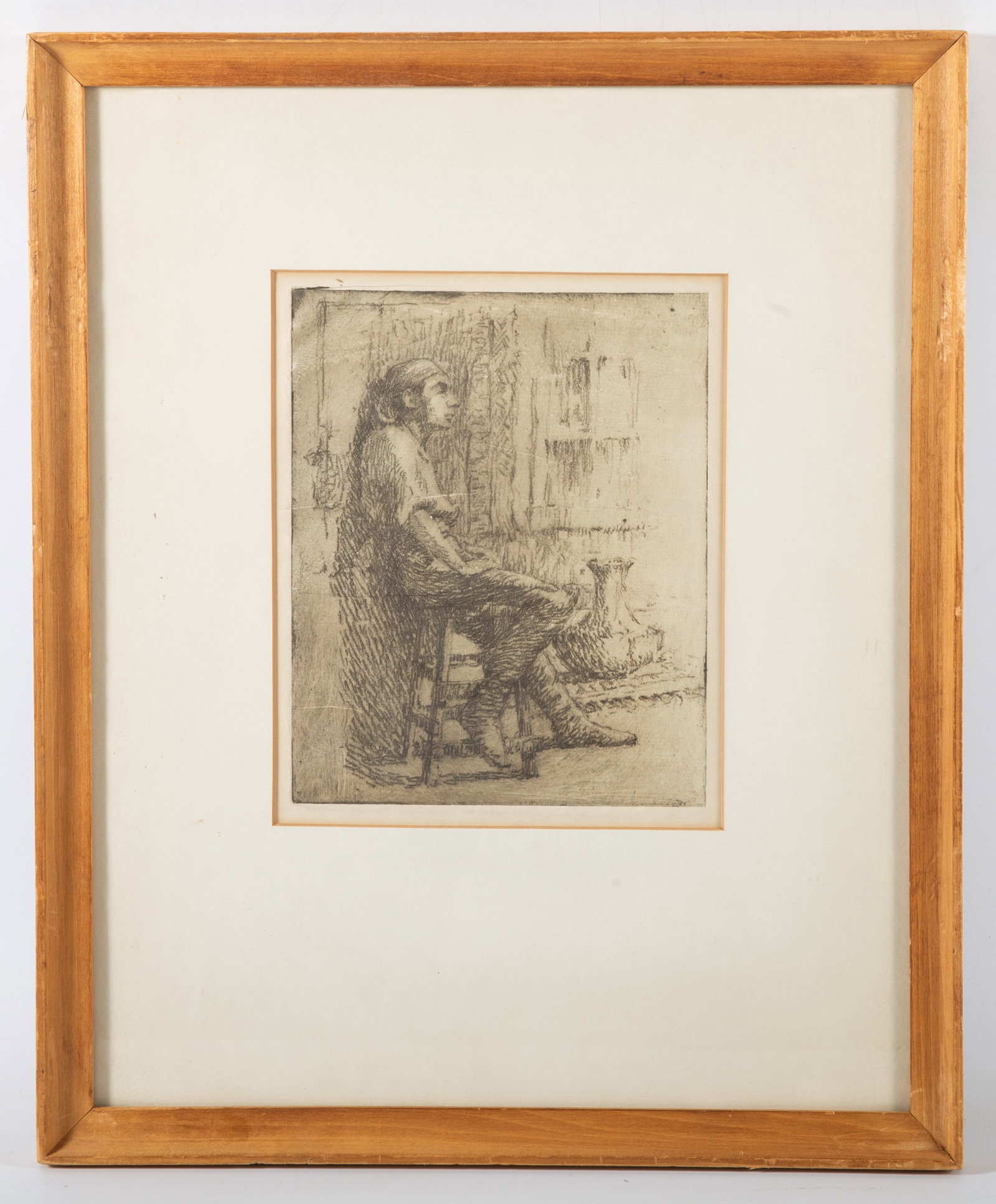 ETCHING OF SEATED FIGURE: Lateral crease, image: 8" x 6", frame 16" x 13", VG