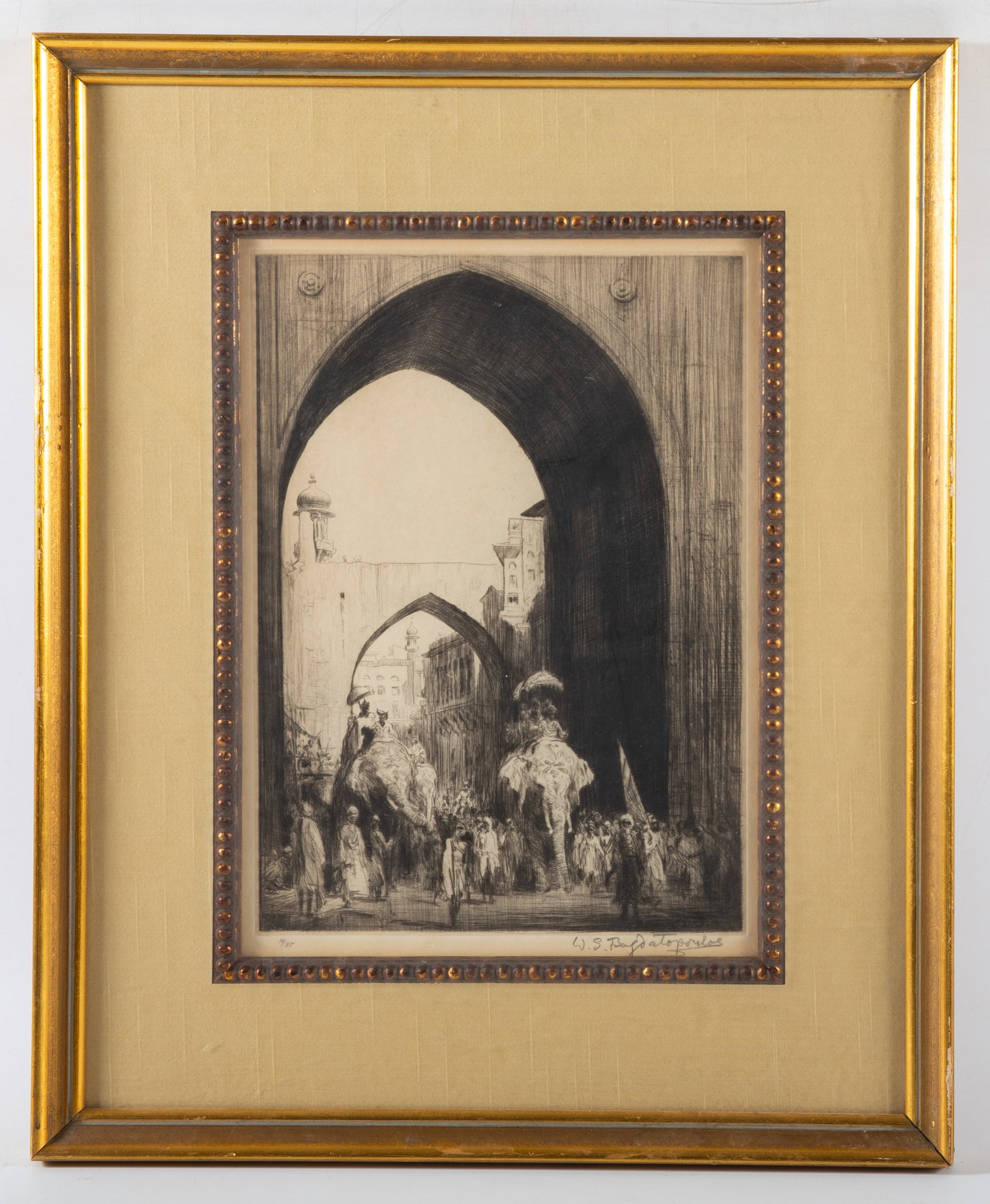 ELEPHANTS at ARCHWAY ETCHING: Signed lower right W. S. Bagoatopoulos; numbered 19/35; normal wear; image: 11 1/4" x 8"; frame: 17 1/2" x 14 1/2", EX
