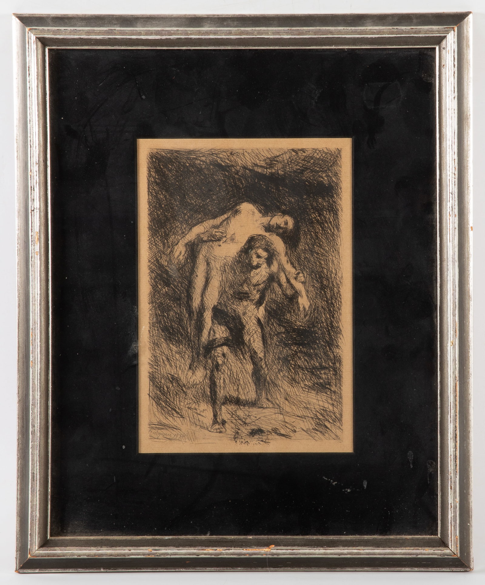ALEXANDRE FALGUIERE CAIN & ABEL ETCHING: Signed in image lower left, normal wear; image: 8 1/2" x 6", frame: 15 1/2" x 12 1/2", EX