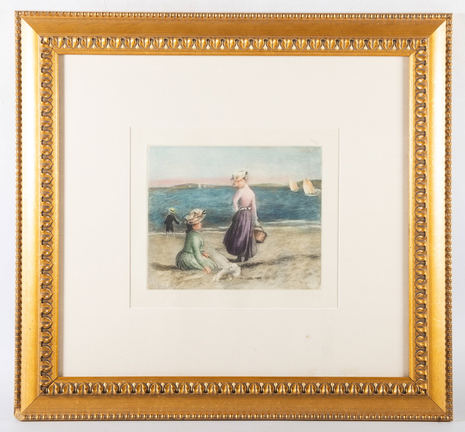 RENOIR COLORED ETCHING: Sur le Bord de la Mer"; A. Vollard Fonds Estate stamp; image: 8" x 9 1/2", frame: 23" x 24