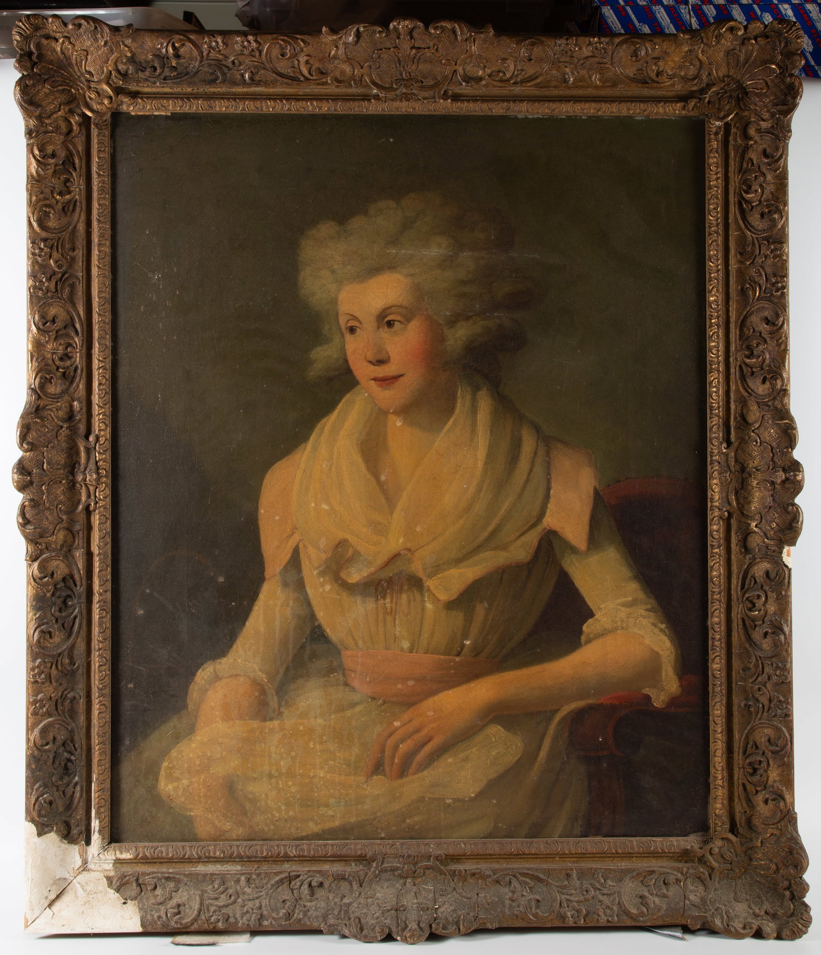 CLASSIC ENGLISH PORTRAIT OF WOMAN IN YELLOW DRESS: Frame is badly damaged; painting is good; image: 33" x 27", frame: 41" x 35", G