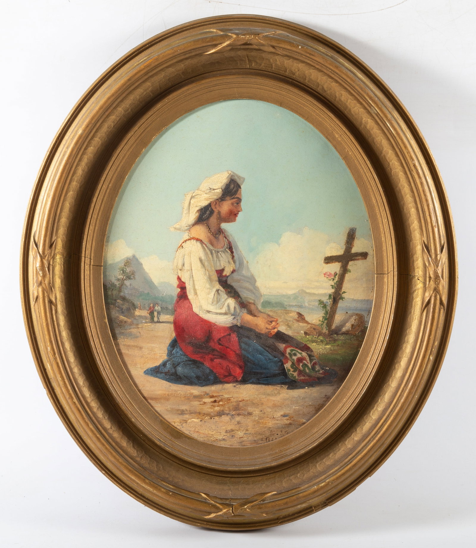 KNEELING LADY PAINTING: Oil on canvas, signed illegibly lower left; some crazing; relined; oval frame has minor losses; image: 12 1/2" x 9 3/4"; frame: 19" x 15 1/2", G-VG
