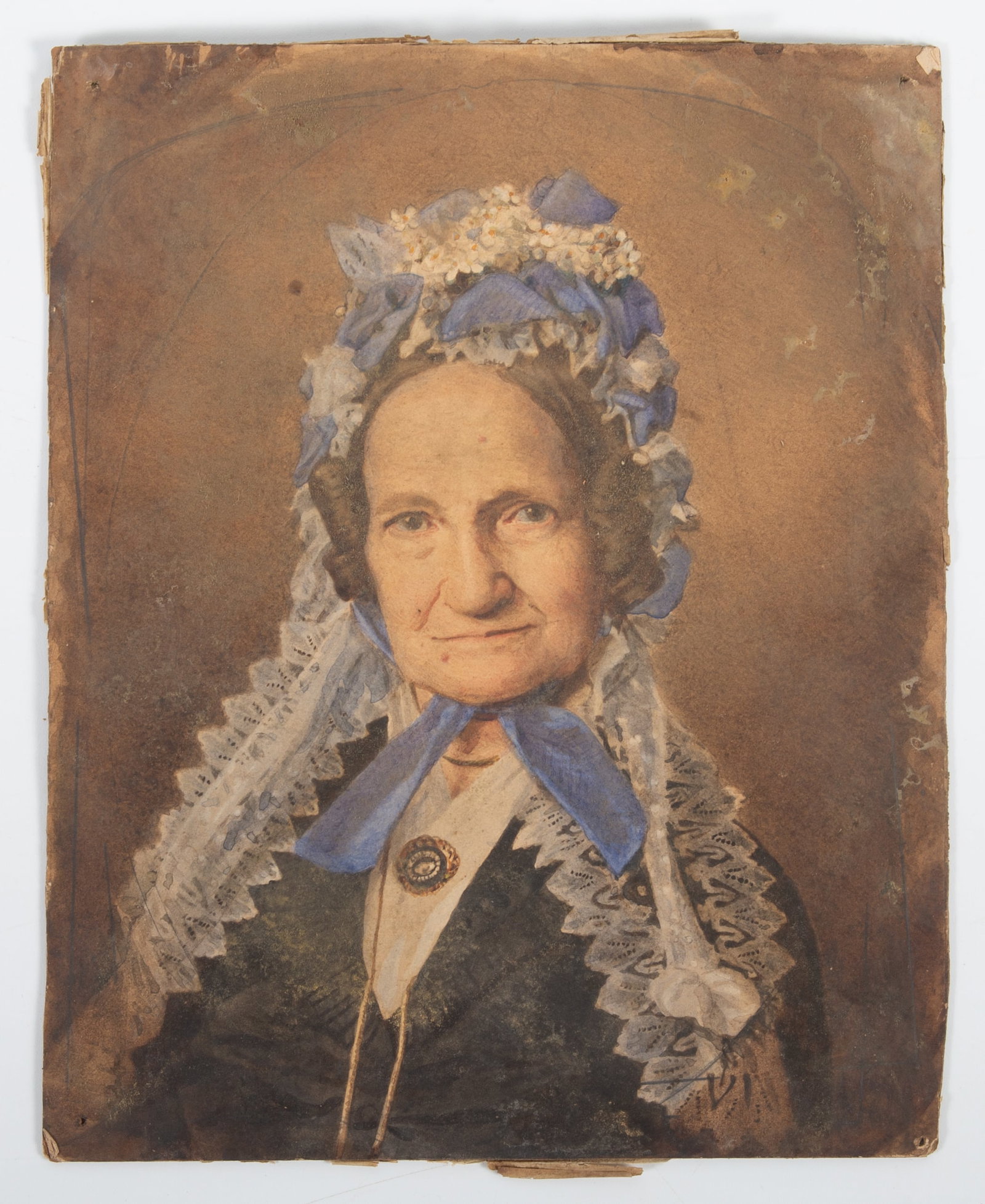 WATERCOLOR of WOMAN WEARING BONNET: Woman wearing lace bonnet topped with flowers; watercolor on paper; back is discolored; image: 7" x 9", G
