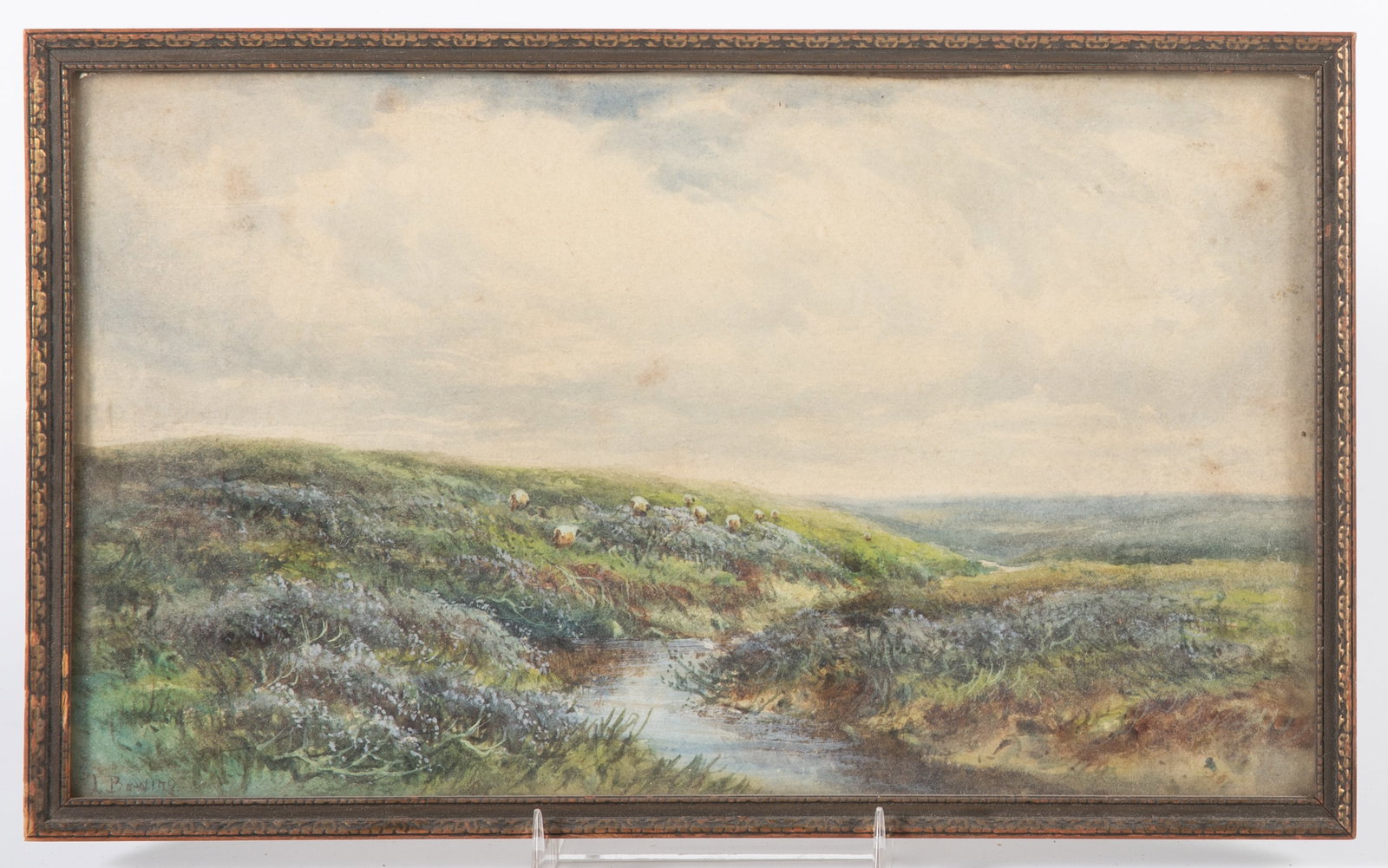 WATERCOLOR of SHEEP GRAZING: Signed lower left L. Bowing; normal wear; 8" x 12 1/2"; G