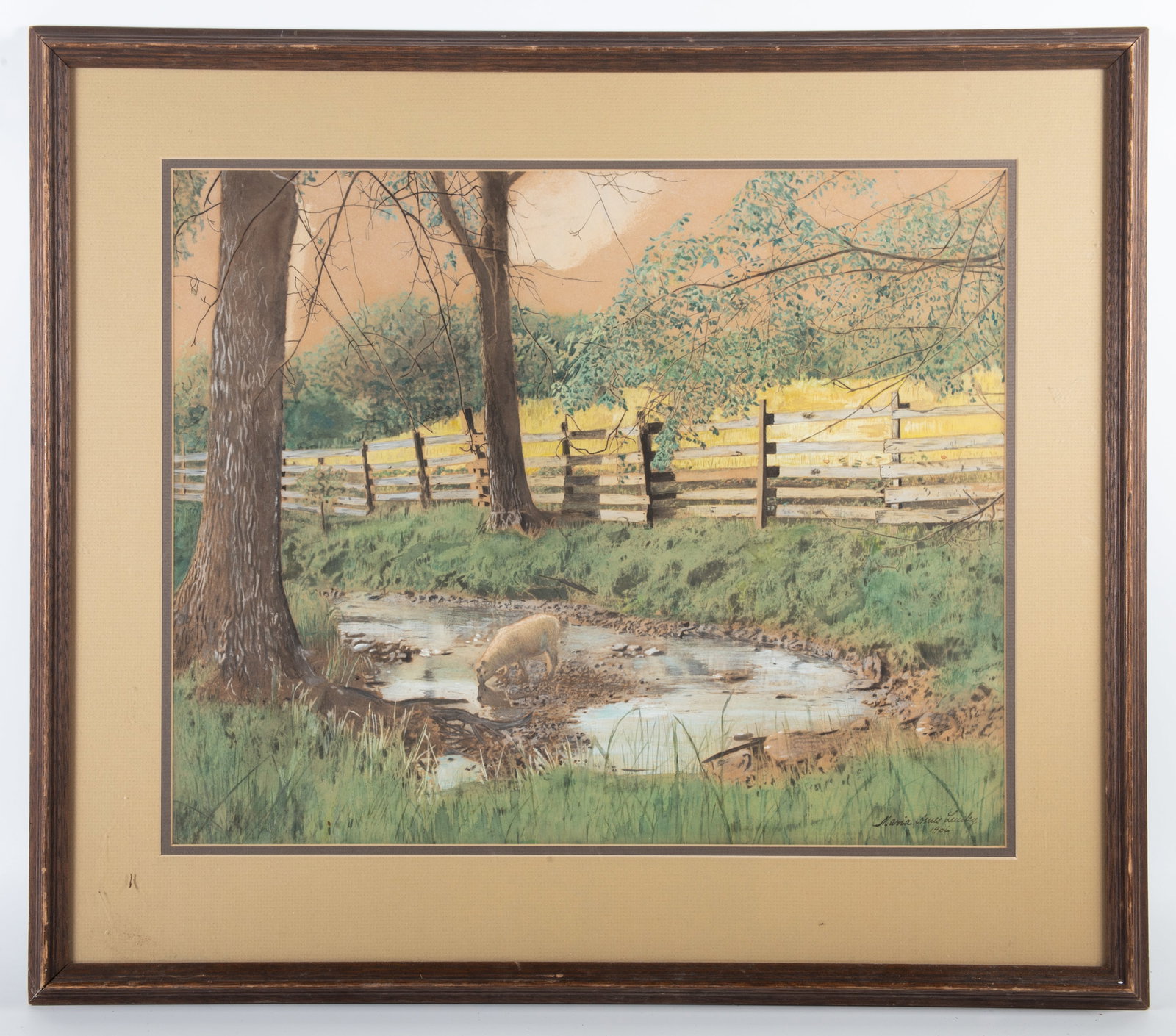 1906 WATERCOLOR SHEEP at STREAM: Signed lower right: Maria Ames L_____(illegible); dated 1906; image: 16 1/2" x 20"; frame: 25" x 28"