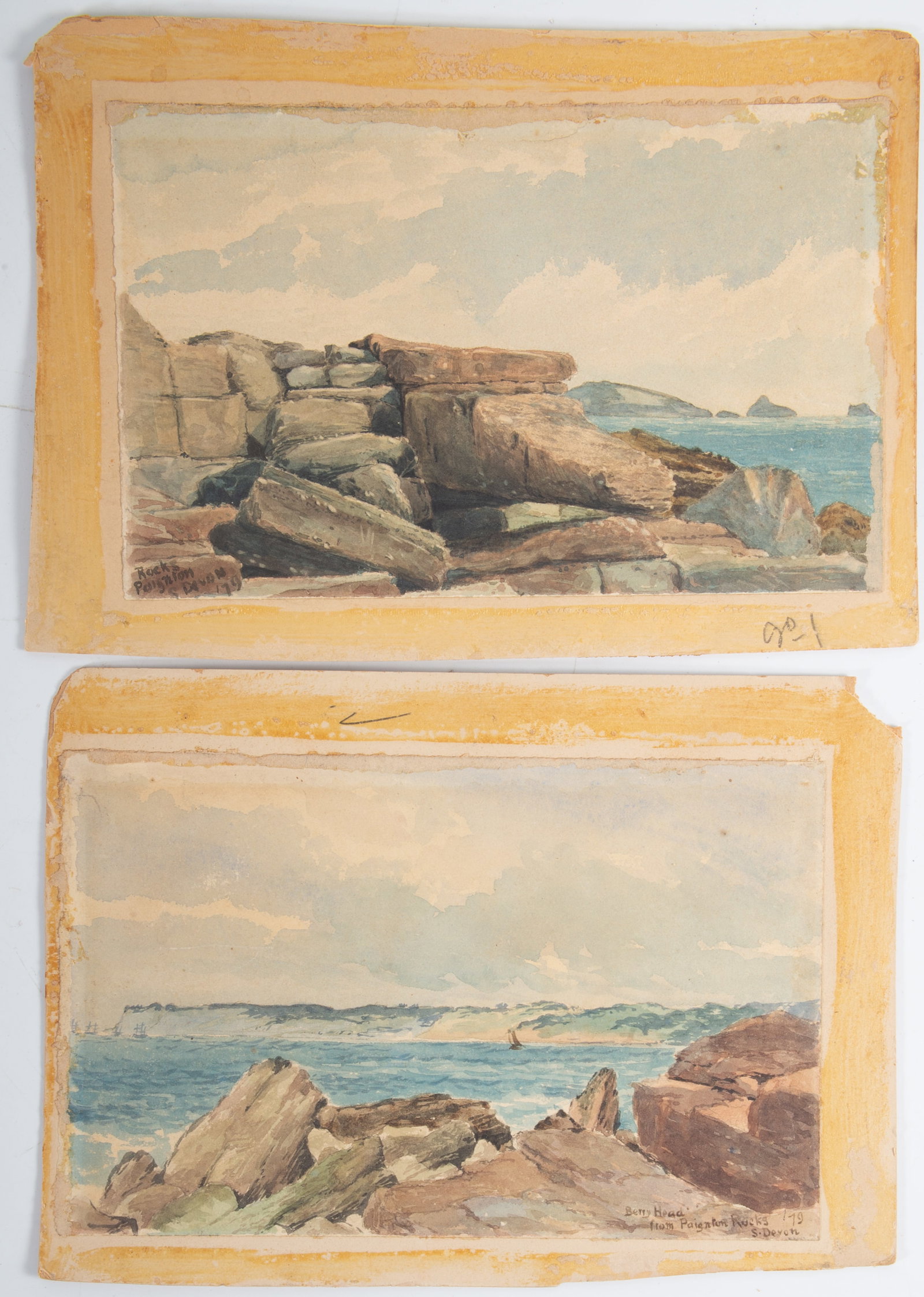 (2) WATERCOLORS ROCKS at DEVON: 1879; (1) Paignton Devon England; (1) Berryhead from Paignton Rocks; 6" x 9"