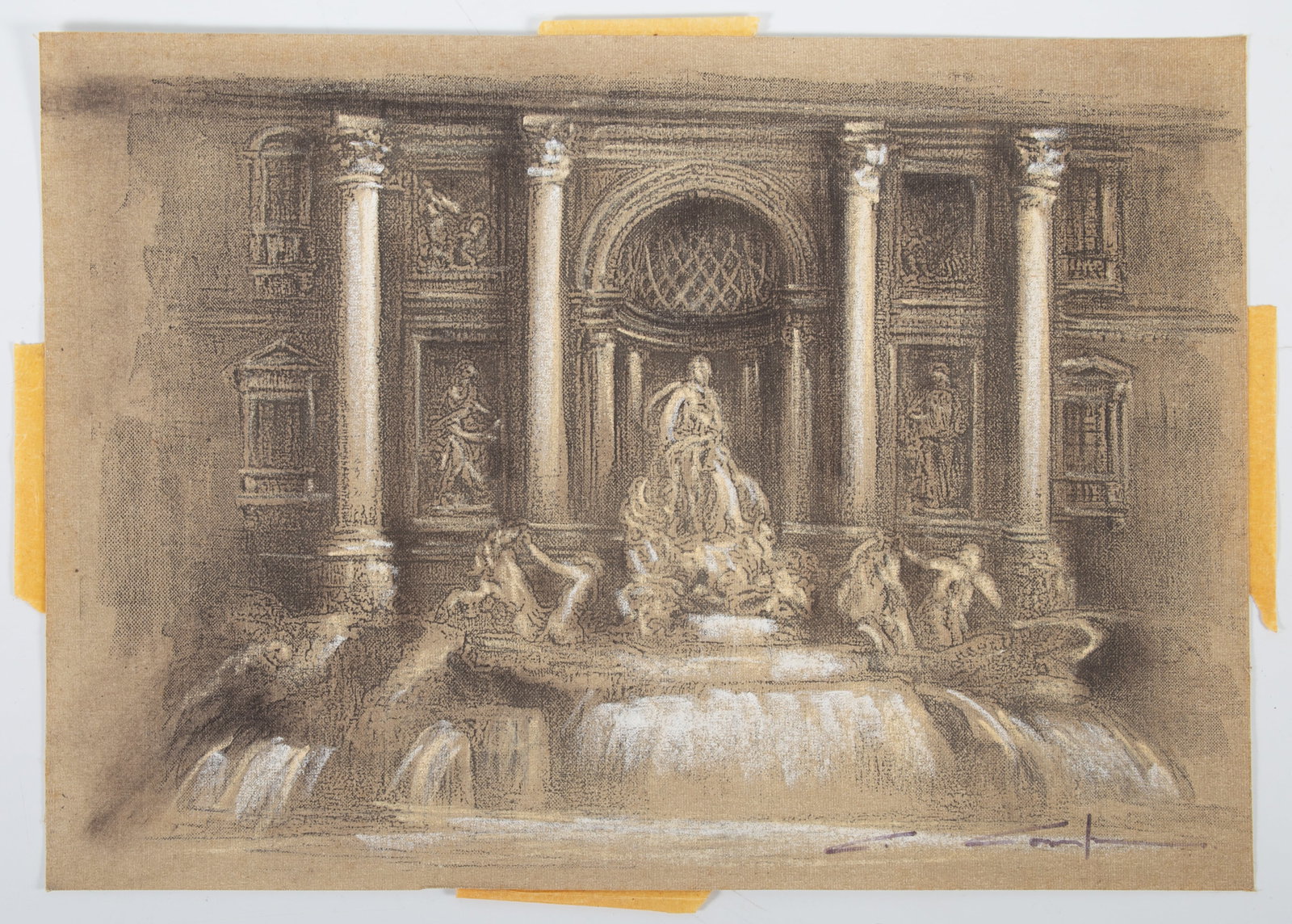 GOUACHE & GRAPHITE ITALIAN FOUNTAIN: signed lower left; unframed; 13" x 16 1/2", EX