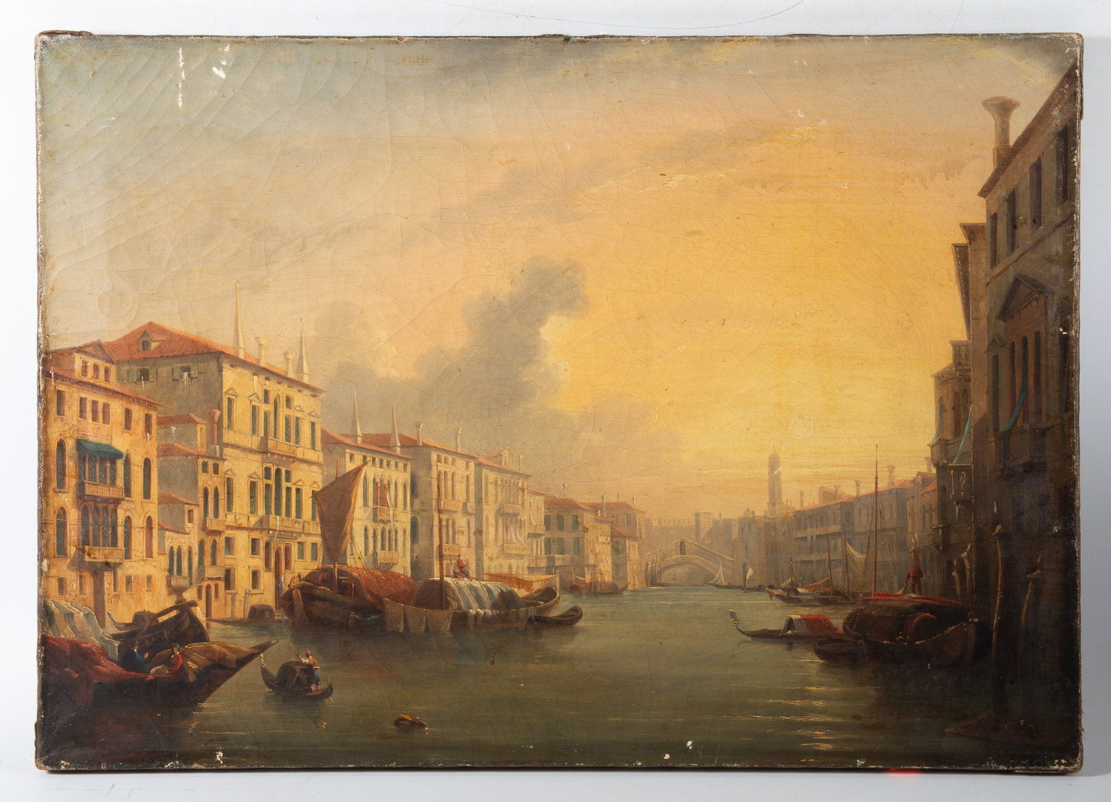 19TH CENTURY VENETIAN CANAL SCENE: Oil on canvas; relined; restoration; surface losses; unframed; 18" x 25", G-VG
