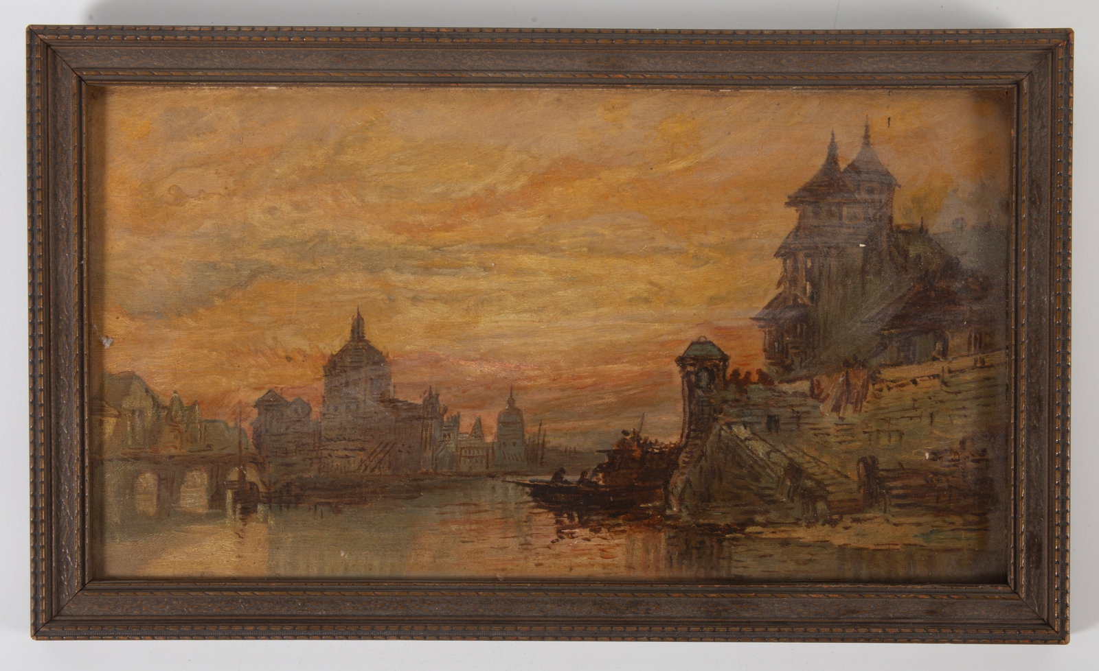 VENETIAN CANAL SCENE AT DUSK: Oil on artist board, framed; imageZ: 6" x 12 1/2"; frame: 8" x 13 1/2", G