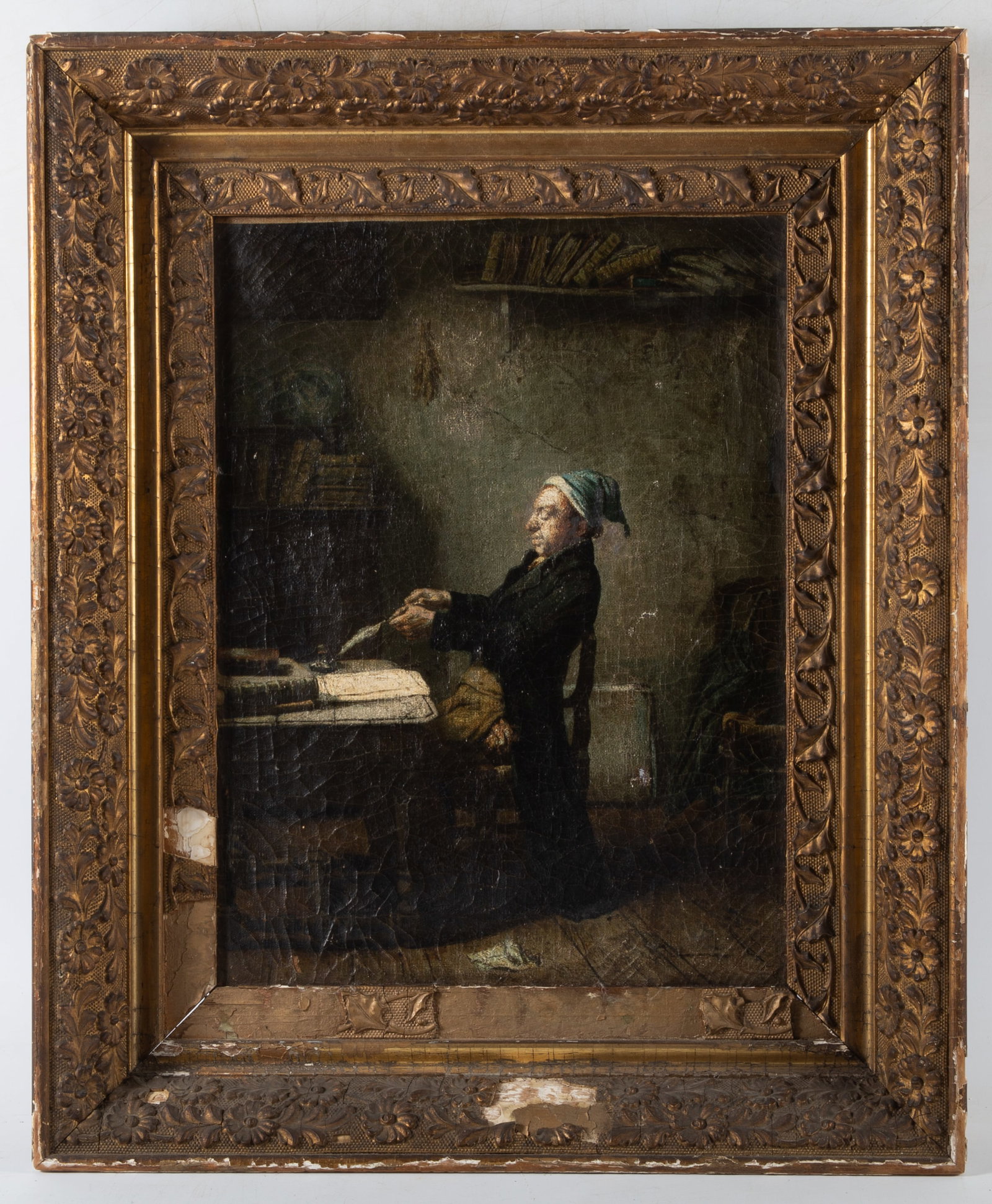 OIL ON CANVAS GENRE SCENE: Man sharpening his quill; faintly signed lower right, Frans Meerts (?); heavy crazing; small holes; losses; frame damaged; image: 15 1/2" x 11 1/2"; frame: 22 1/2" x 18 1/2", F-G