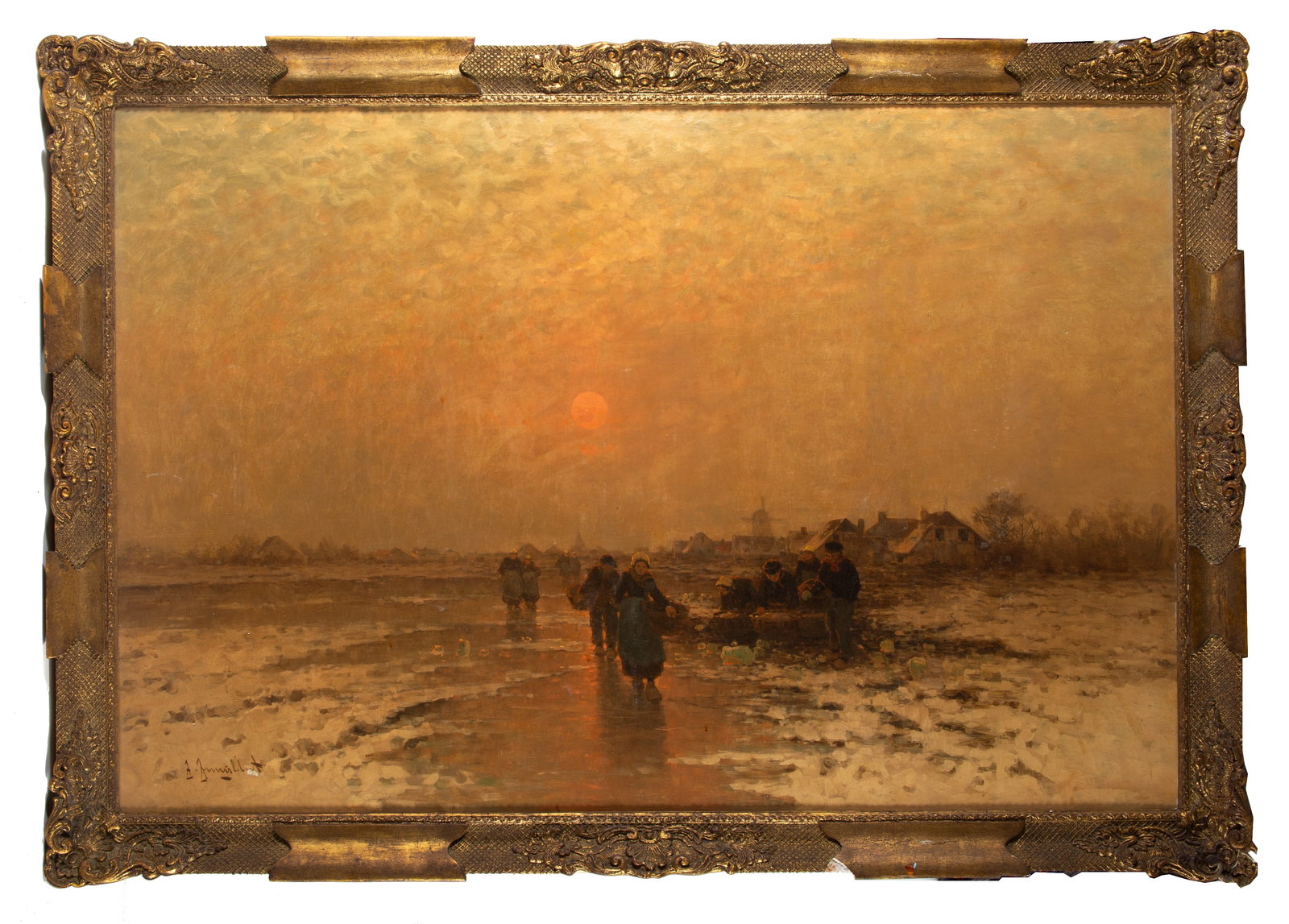 LARGE OIL PAINTNG BRITTANY COAST: Signed illegibly lower left; damage at signature; image: 31" x 47"; frame: 36" x 52", G-VG