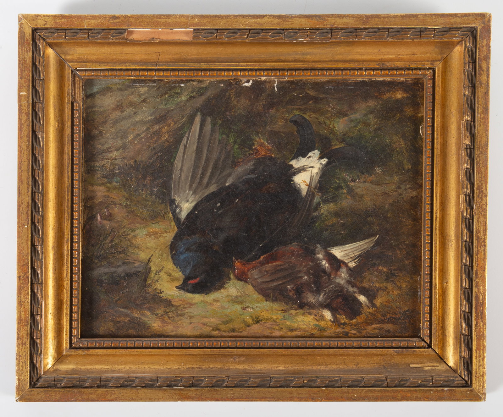 OIL ON BOARD OF DEAD FOWL: Signed illegibly lower right and dated (1858), H H ___ (?); London label on reverse; minor scratches top center; edge wear; frame losses; image: 7 71/2" x 6"; frame: 10 1/2" x 9 3/4", VG