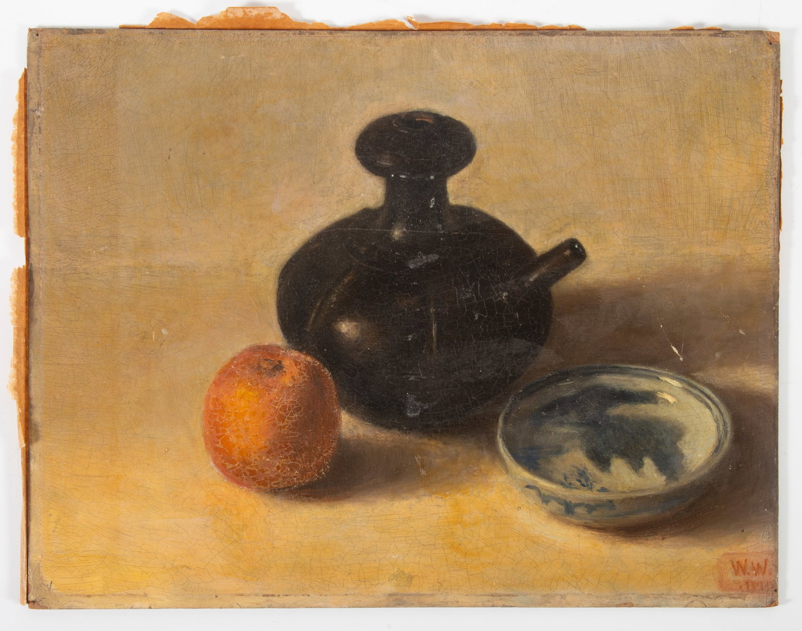 1844 STILL LIFE OIL PAINTING: German still life on artist board; stamped back; signed WW lower right; unframed; normal wear; 10" x 14 1/2", EX