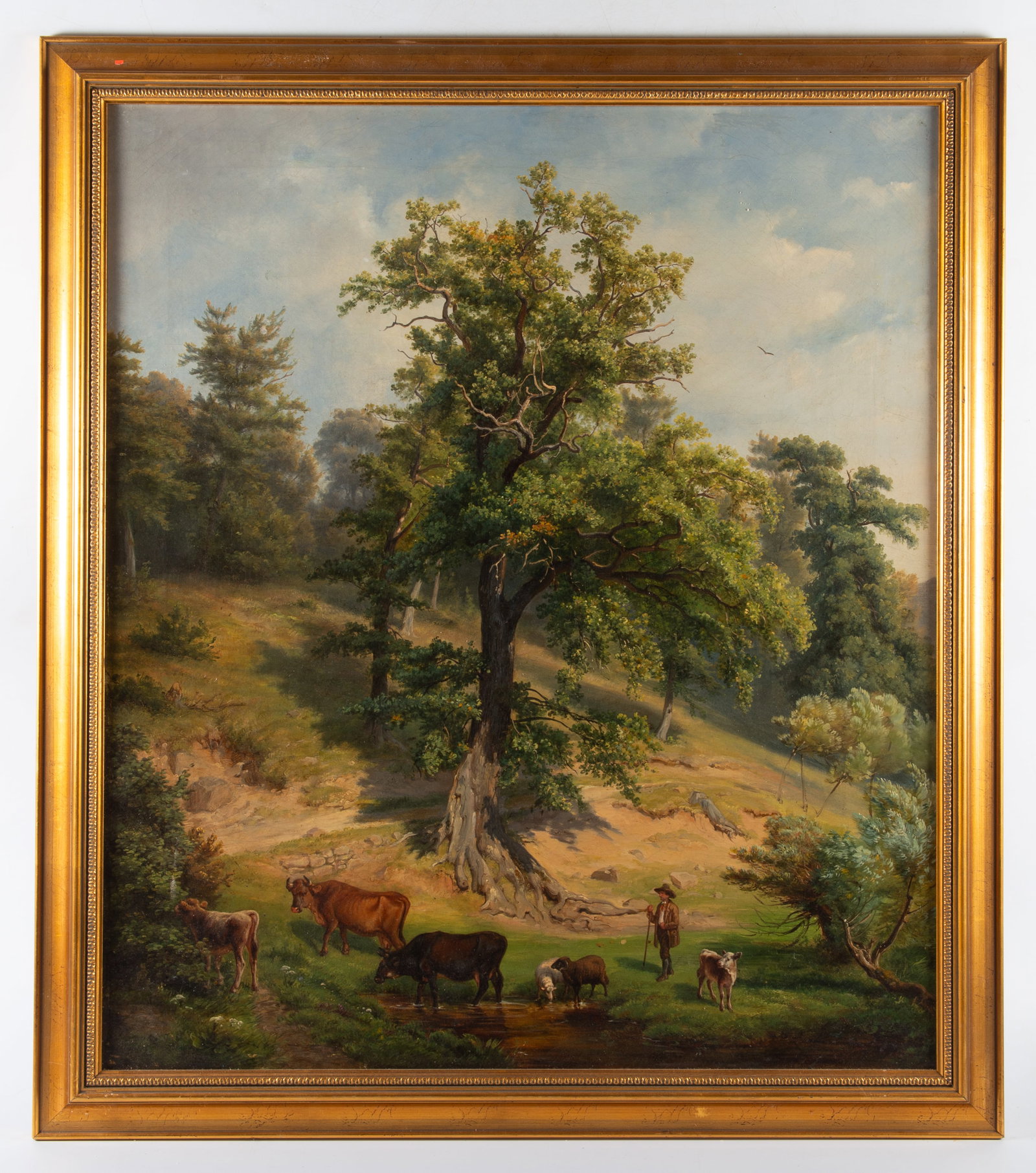19TH CENTURY EUROPEAN PASTORAL SCENE: Oil on canvas; signed illegibly lower right; image: 29" x 25"; frame: 34" x 29";