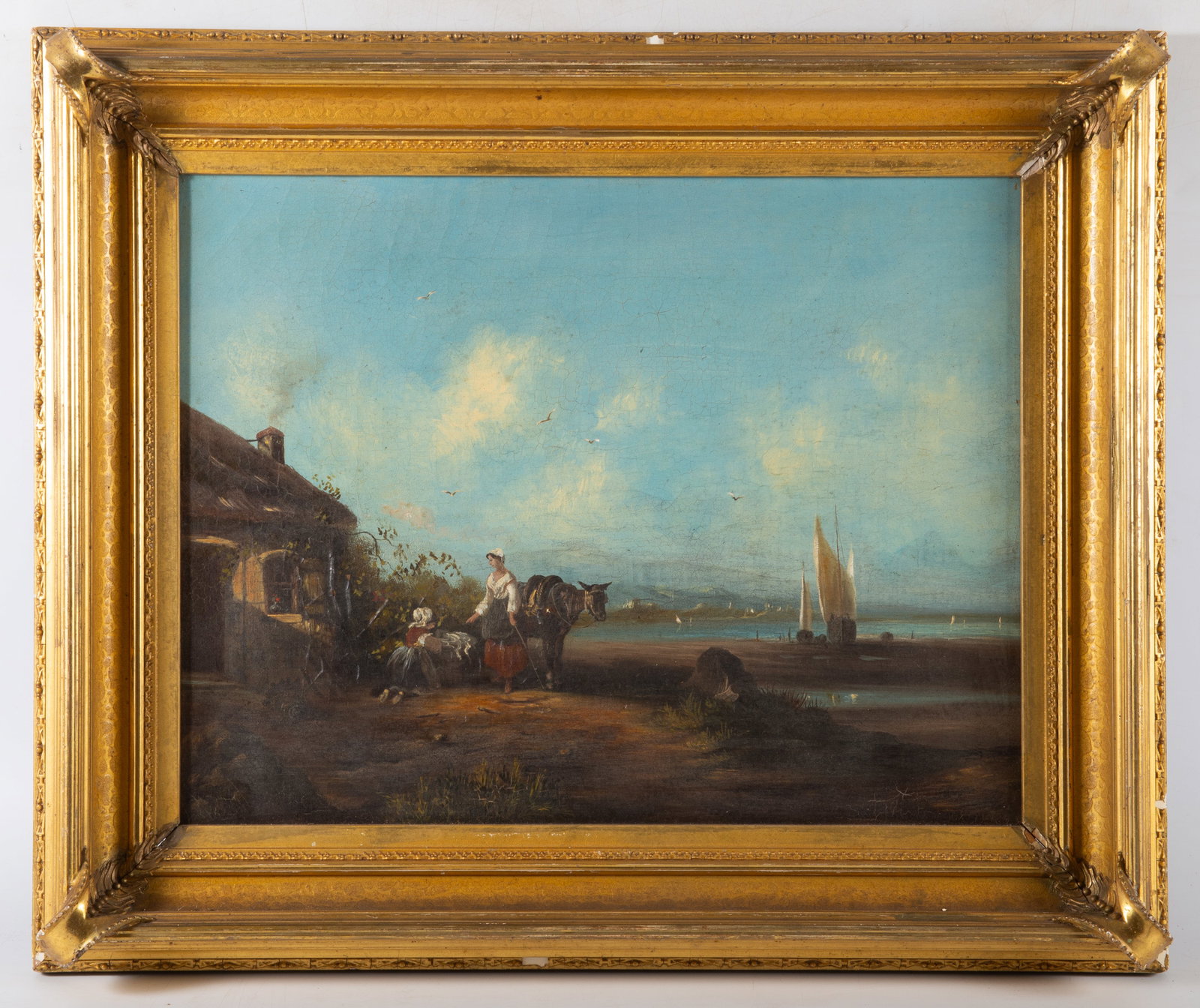 19TH CENTURY EUROPEAN GENRE PAINTING: Creasing and crazing; image: 13 1/2" x 17"; frame: 19 1/4" x 23", F-G