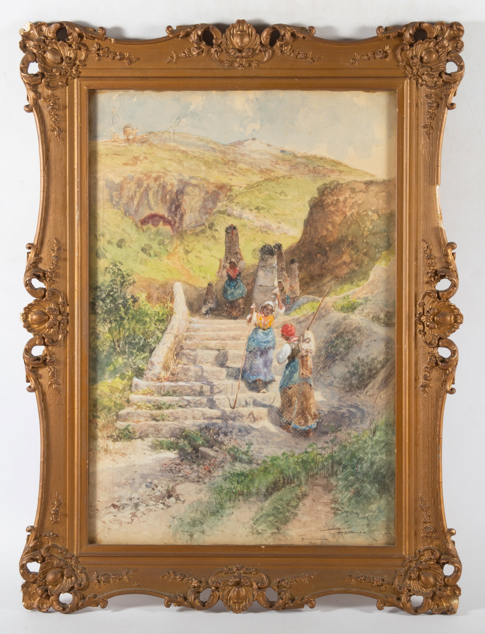 1899 ITALIAN WATERCOLOR HILLS OF AMALFI: Signed illegibly and dated lower right; frame damaged; image: 22" x 14 3/4"; frame: 28" x 21", G