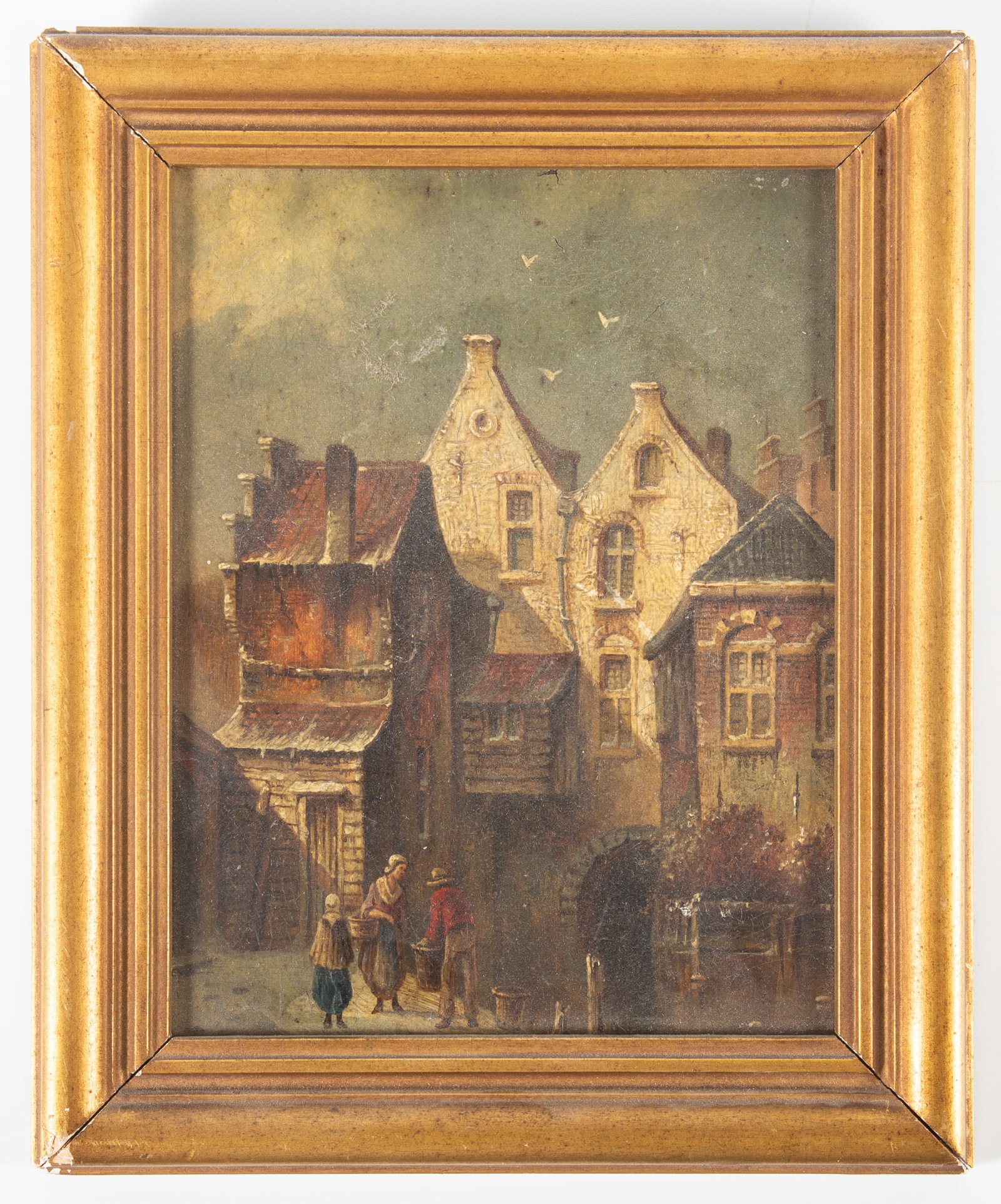 SMALL EUROPEAN OIL ON PANEL: Village scene; gilt frame; image: 6 1/2" x 5"; VG