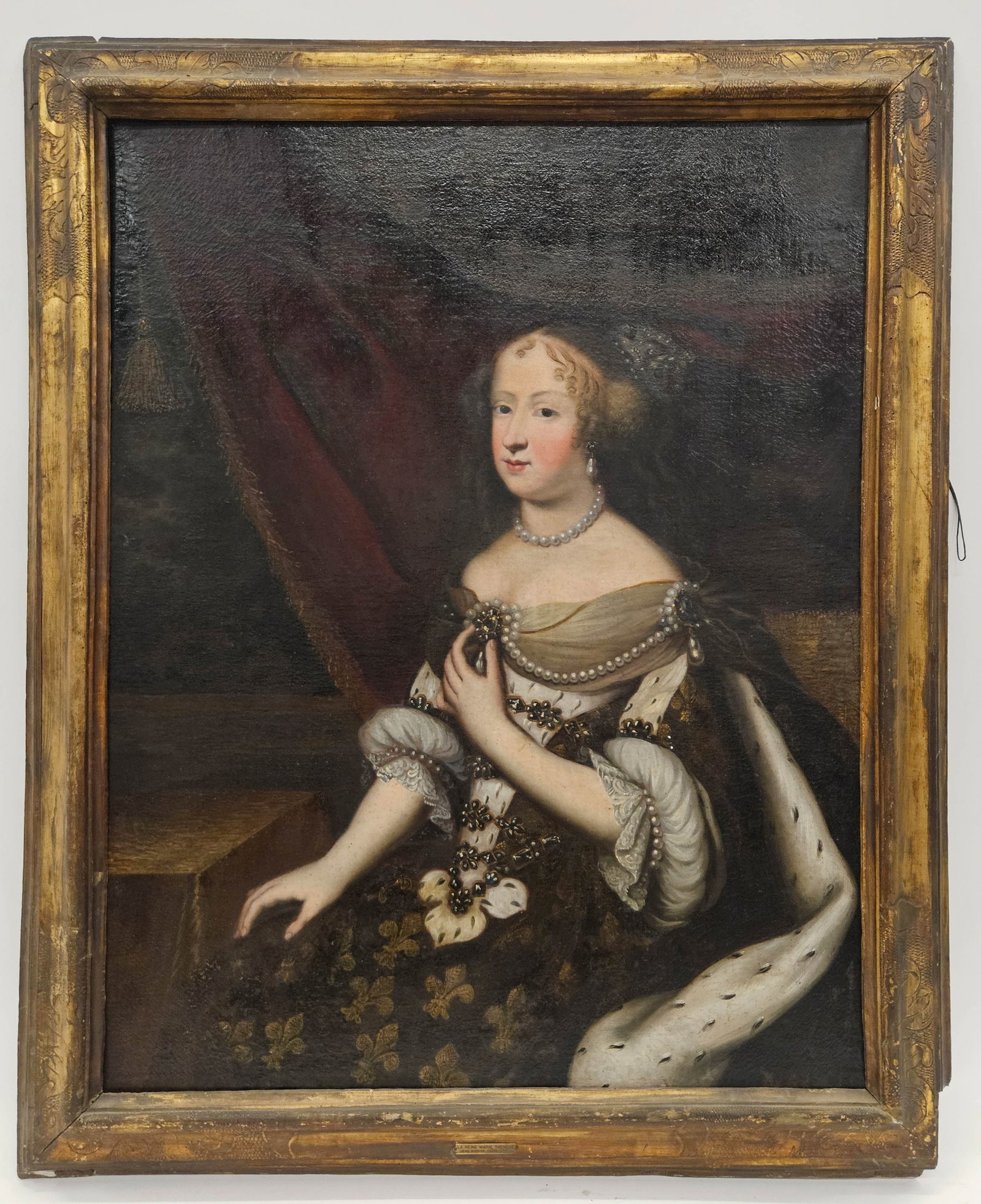 OIL PAINTING LA REINE MARIE THERESE: Oil on canvas; brass frame tag reads "Jean Garnier (1632-1705)"; no visible signature; repairs and restoration; frame has losses; image: 44 3/4" x 34 3/4"; frame: 53 1/4" x 43", F-G