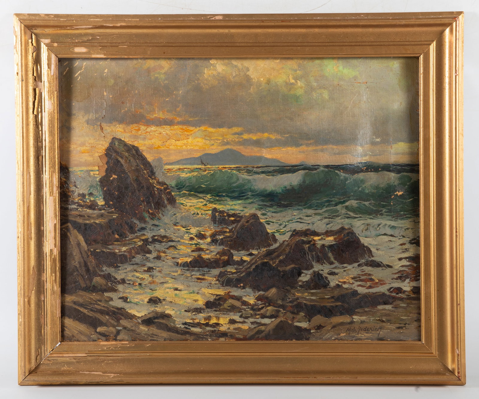 MICHELE FEDERICO SEASCAPE OIL on CANVAS: Italian sea scape, waves on rocs; some flakes and paint loss upper right; frame distress; image: 14" x 18"; frame: 18" x 21 1/2", G-VG