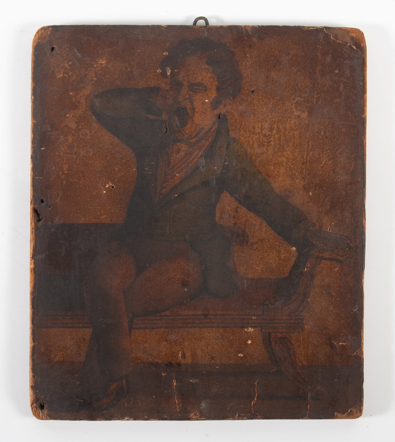 EARLY PAINTING ON PAPER: Laid on panel; dark; misc. surface dents; 8 1/2" x 9 1/2", F