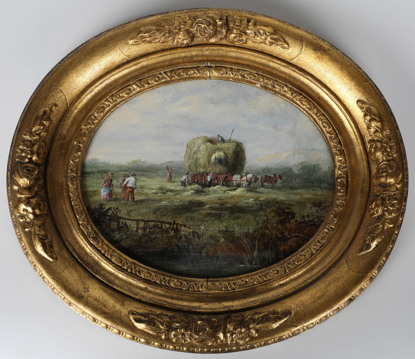 BARBIZON SCHOOL OVAL OIL PAINTING: Haying scene; gilt frame; image: 6" x 5"; frame: 9" x 10", EX