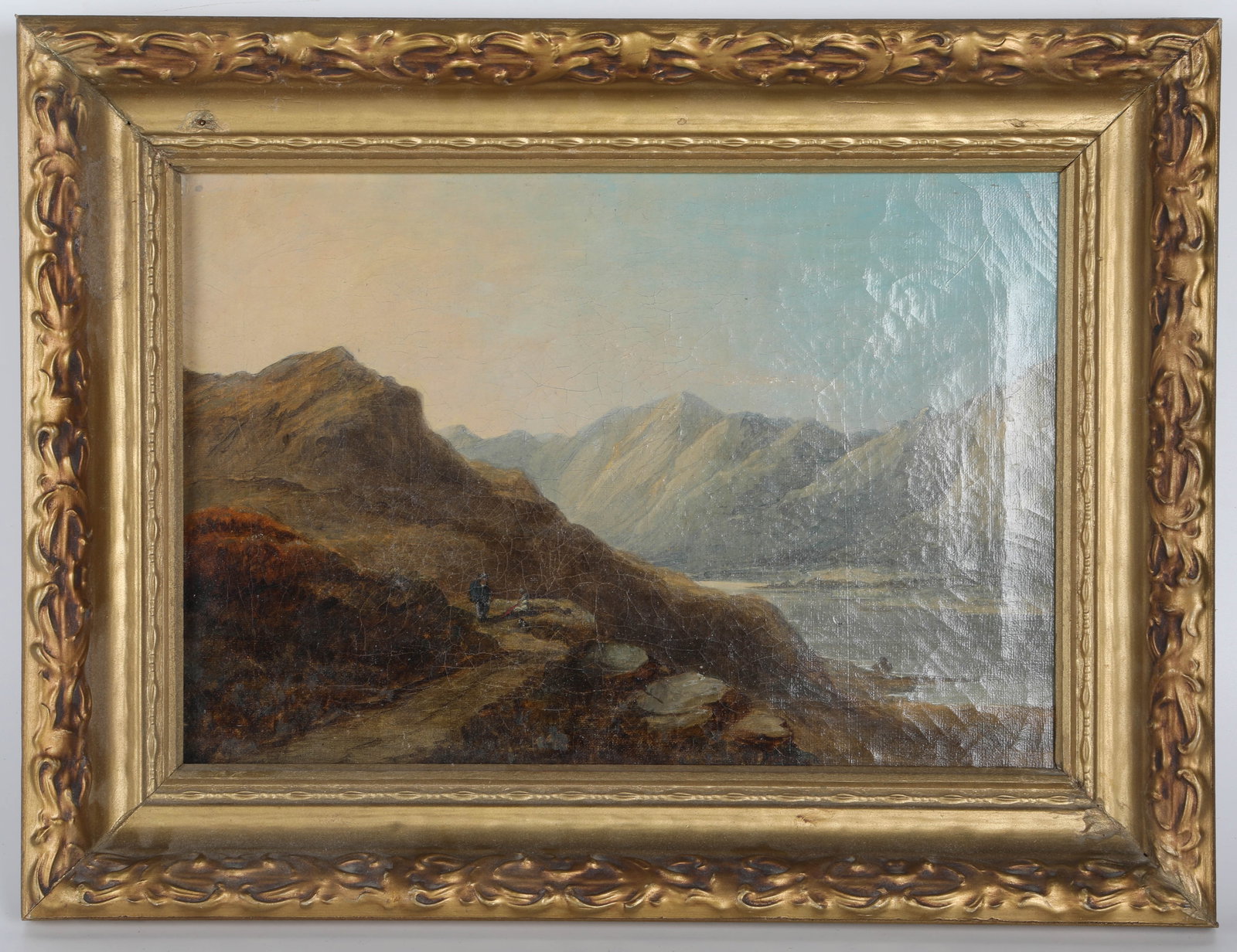 TRAVELERS BY THE ROAD OIL PAINTING: Alpine landscape; image: 8 3/4" x 12 1/4"; frame: 12 1/2" x 16 1/2", G-VG