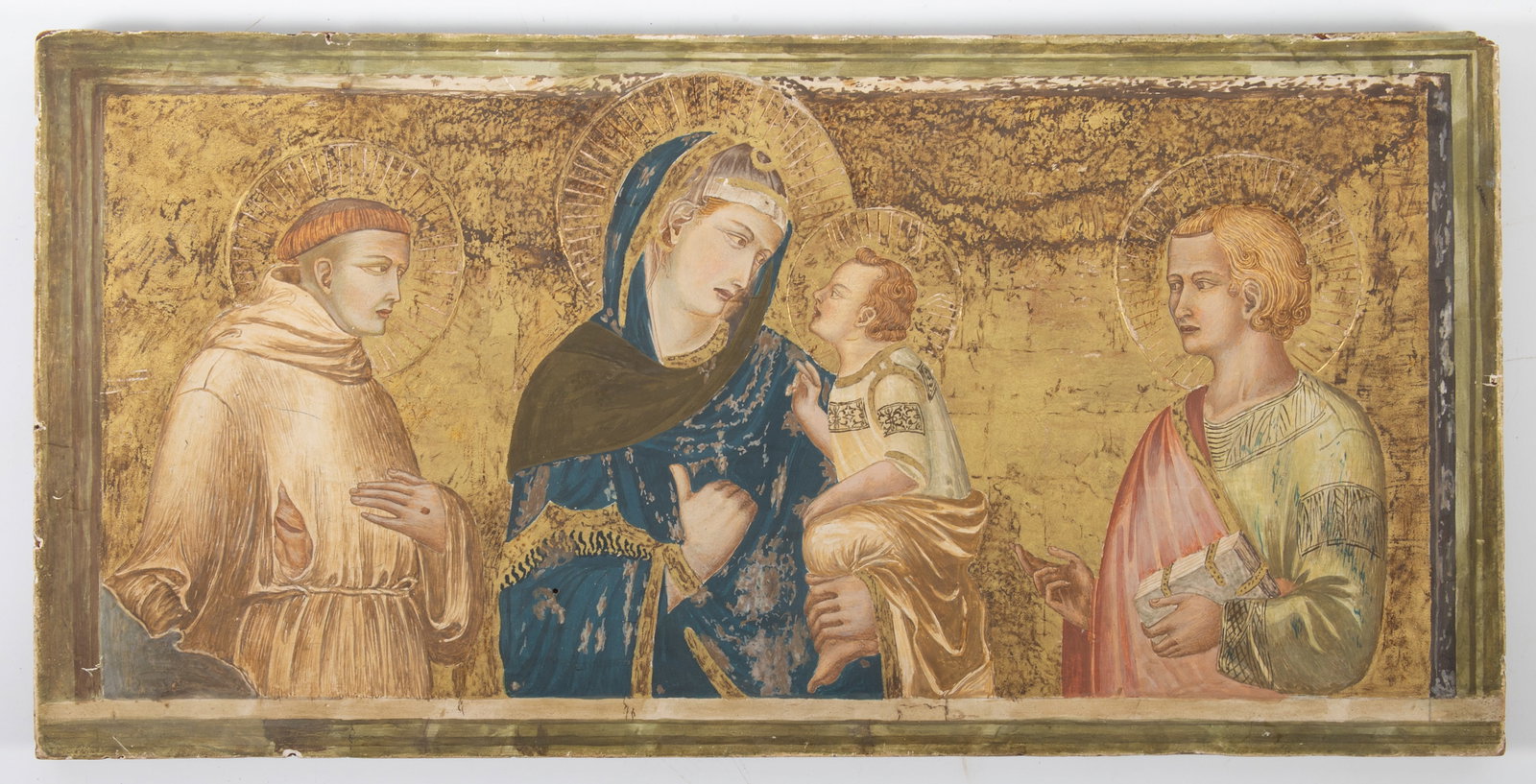 BYZANTINE STYLE GROUND GOLD ON PANEL PAINTING: Ground gold, painting on wood panel, possibly for altar; miscellaneous signs of age; minor losses; 8 1/2" x 16", VG-EX