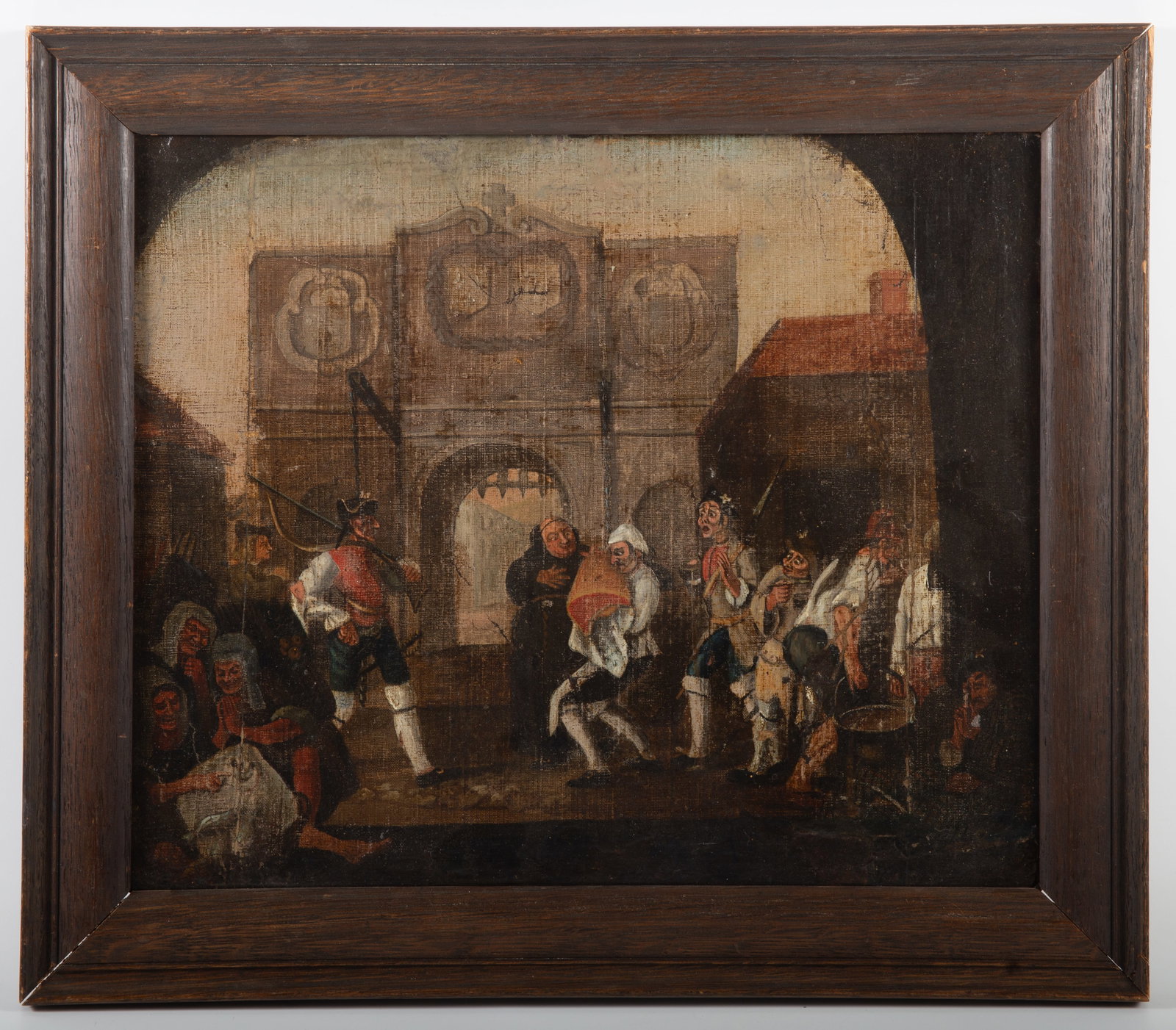 18th CENTURY OIL PAINTING AFTER HOGARTH: O the Roast Beef of England; scene in front of the Gate of Calais; overpaint; restoration; wear; 19" x 16", F