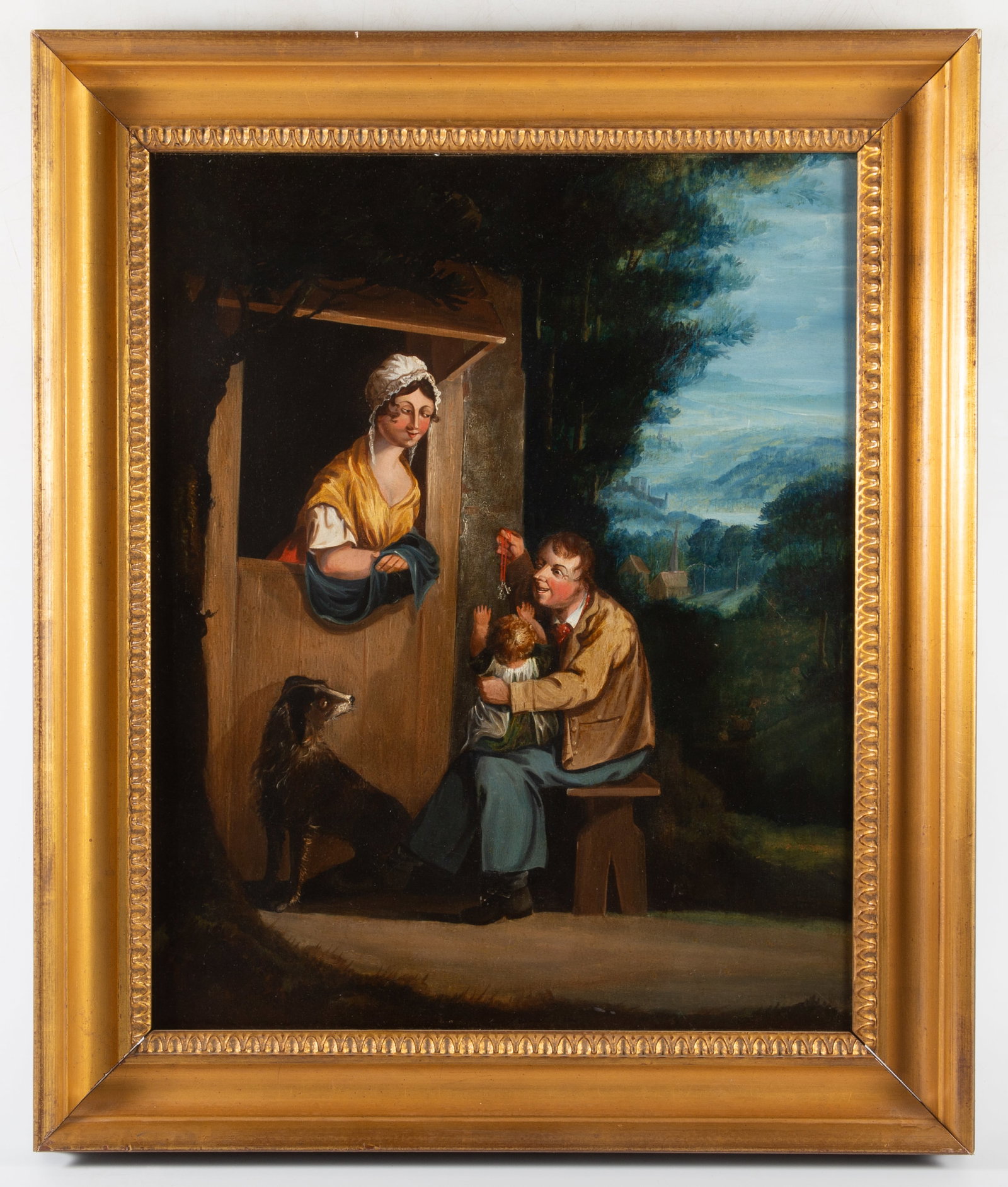 FLEMISH OIL ON WOOD PANEL: Man teasing child with woman looking on; image: 20" x 16"; framed 25" x 21", VG