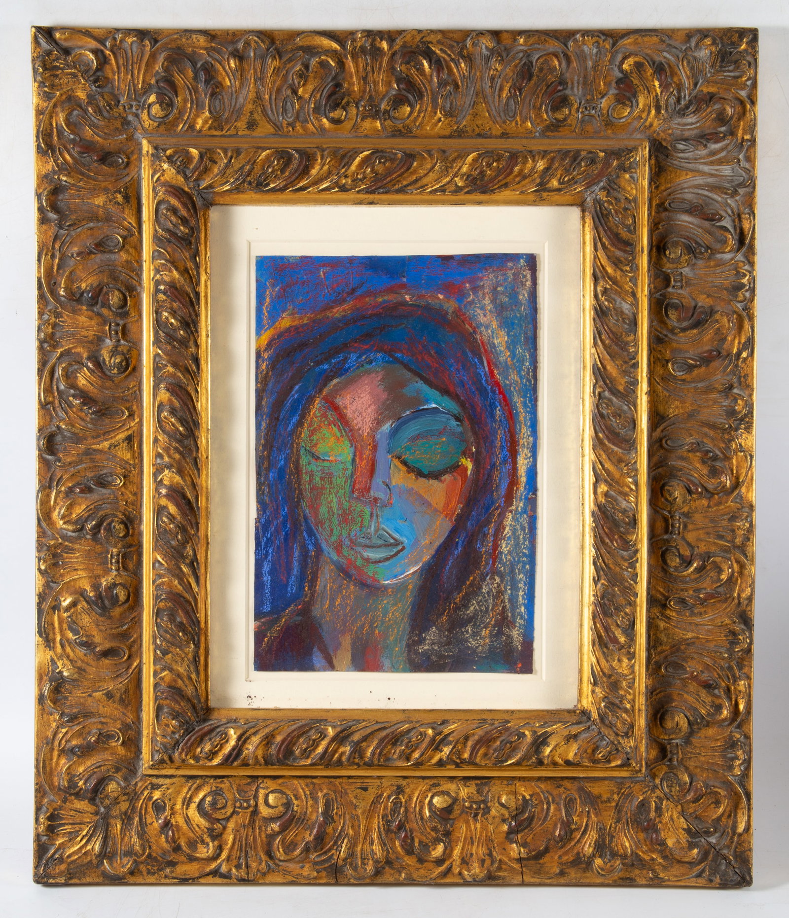 BLUE PASTEL ABSTRACT PORTRAIT: In extraordinary frame; image: 15 1/2" x 11 1/5"; frame: 26" x 22", VG