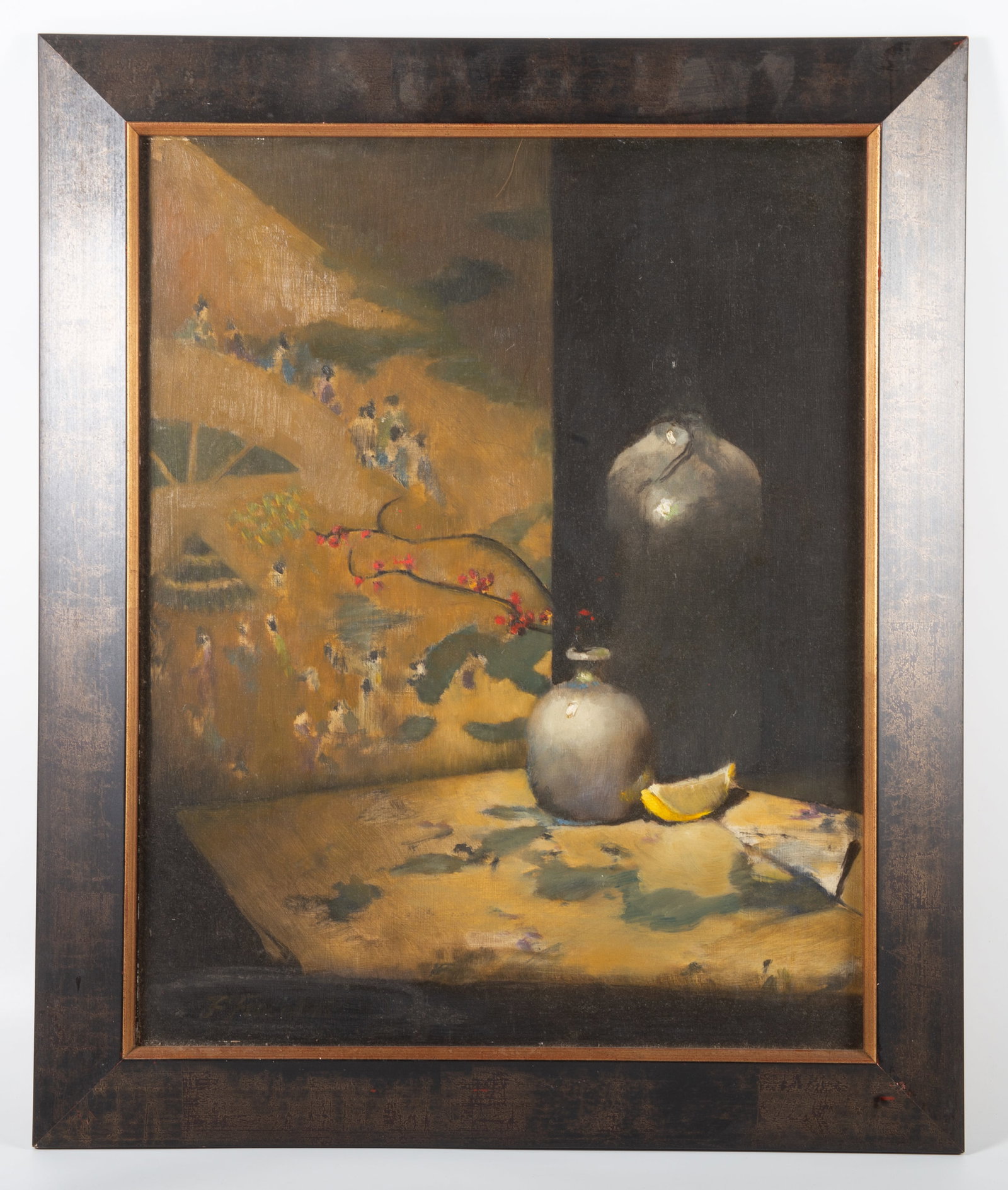 SIGNED STILL LIFE PAINTING: Japanese influenced; signed indistinctly lower left; normal wear; image: 15 3/4" x 19 3/4"; framed: 20 1/2" x 25", VG