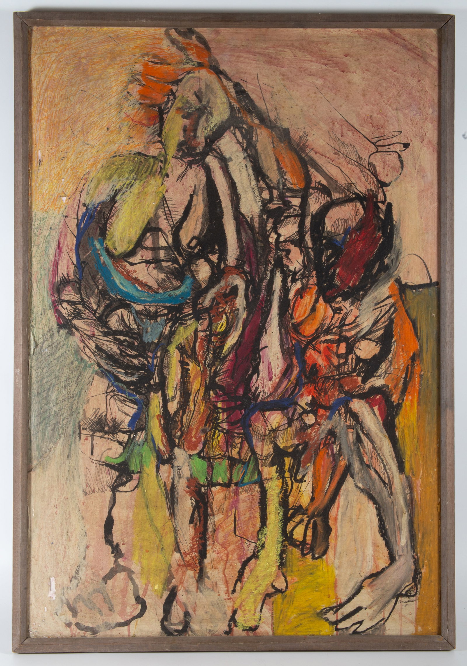 SNOWDEN MIXED MEDIA PAINTING: Signed lower right, dated '71; labeled on reverse: S. Snowden, Mixed Media, "Black Family"; on masonite; image: 35" x 24"; framed: 37" x 25 1/2", G