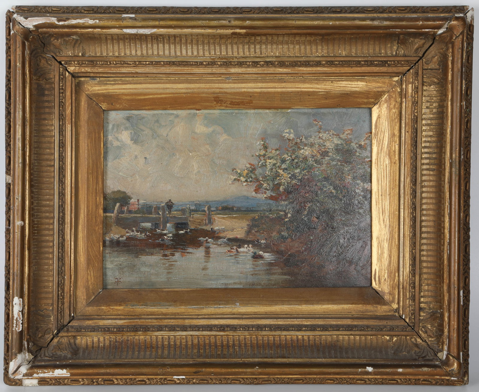 IMPRESSIONIST OIL PAINTING ON BOARD: monogram STE (?), frame has miscellaneous losses; image: 6" x 9"; frame: 12" x 15"; panel EX