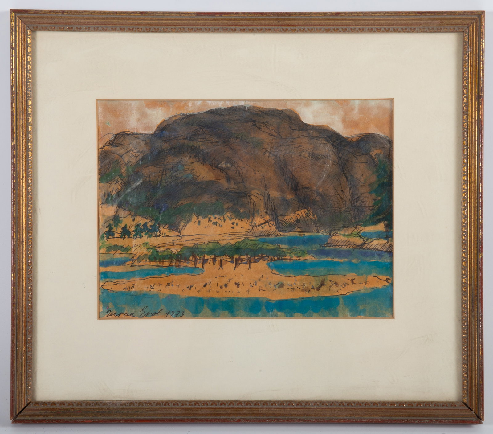ISLAND SCENE WATERCOLOR: Signed lower left Turan Erol 1973; no condition issues noted; matted and framed; 13 1/2" x 11 1/2", VG-EX
