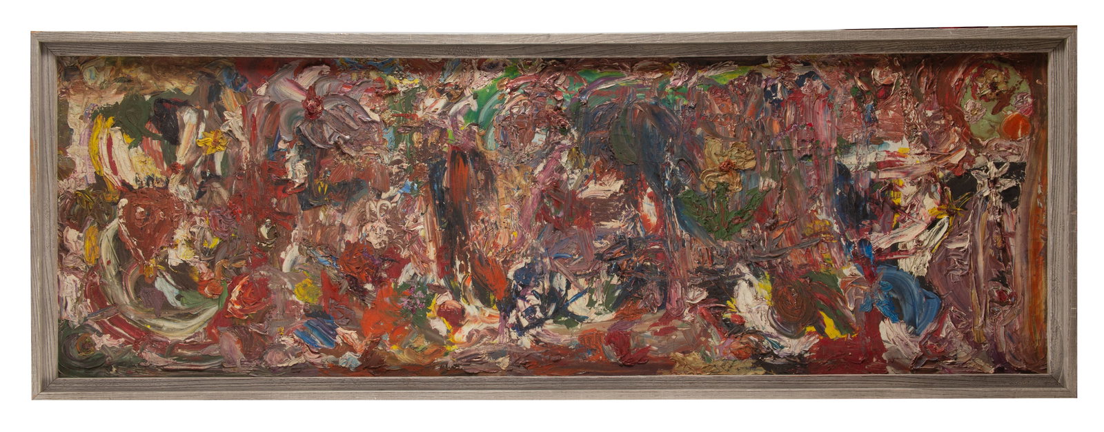 ABSTRACTION OIL PAINTING: Thick palette knife application; miscellaneous minor losses; image: 15 1/2" x 48"; frame: 17 1/2" x 50"; G