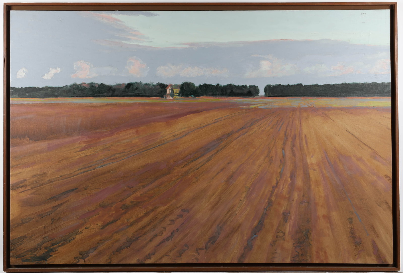 LARGE AGRICULTURAL LANDSCAPE: Oil on canvas; unsigned; has grey mark upper right; Estate of Don Magner; image: 48" x 72"; frame: 51" x 75", G+